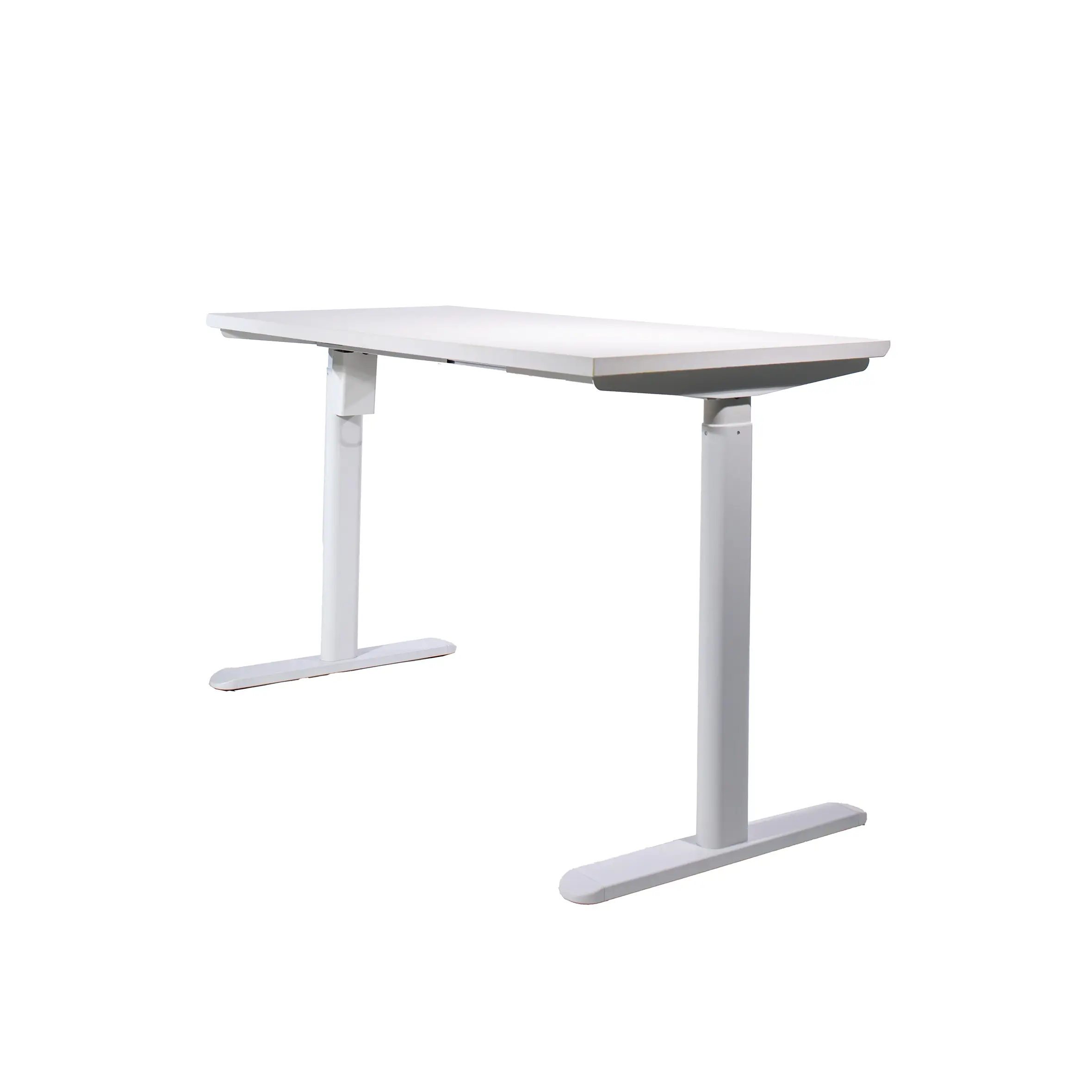 Modern minimalist office with a warm tone, featuring a white desk, brown chair, potted plant, and wooden shelves. Soft lighting creates a calm atmosphere.