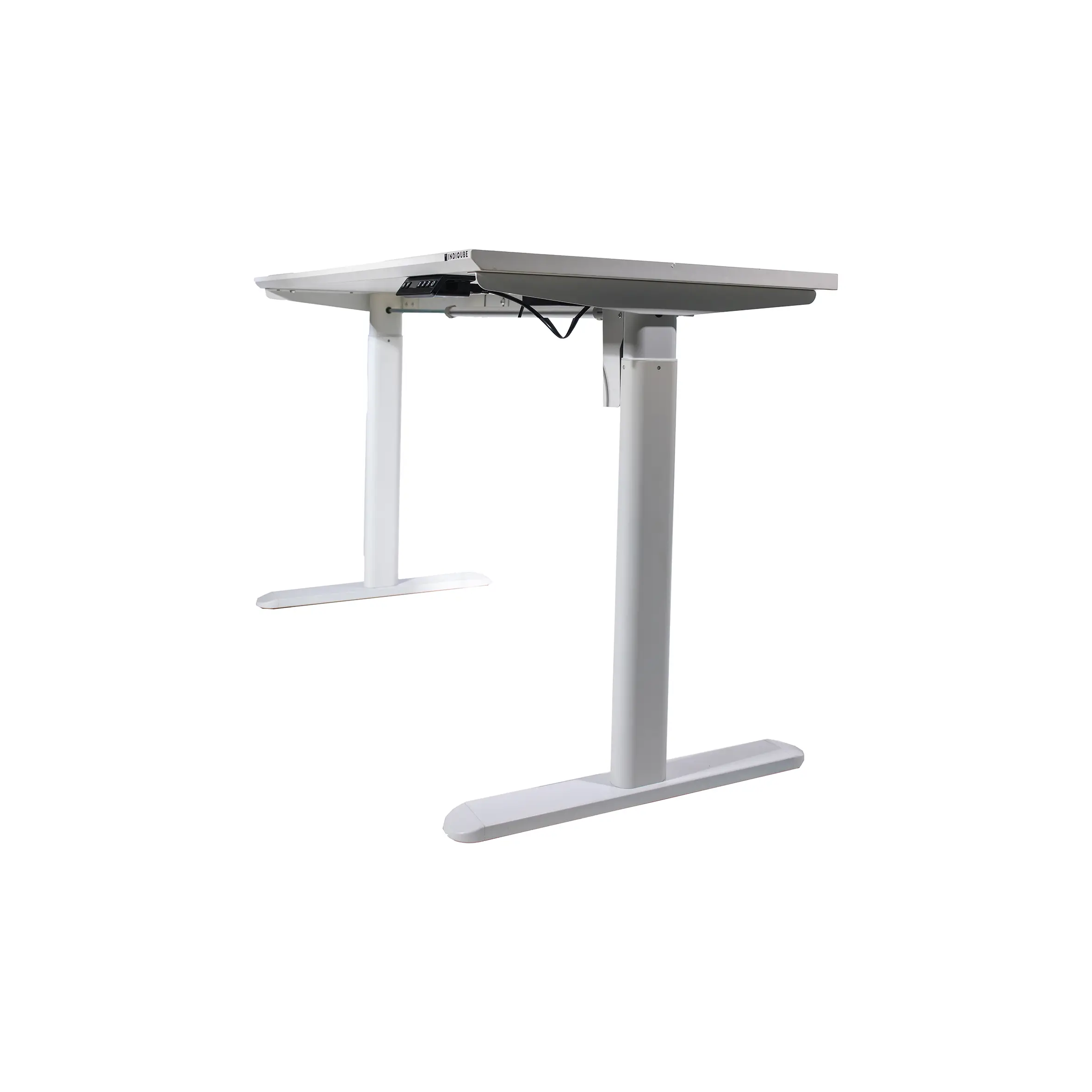 Modern minimalist office with a warm tone, featuring a white desk, brown chair, potted plant, and wooden shelves. Soft lighting creates a calm atmosphere.