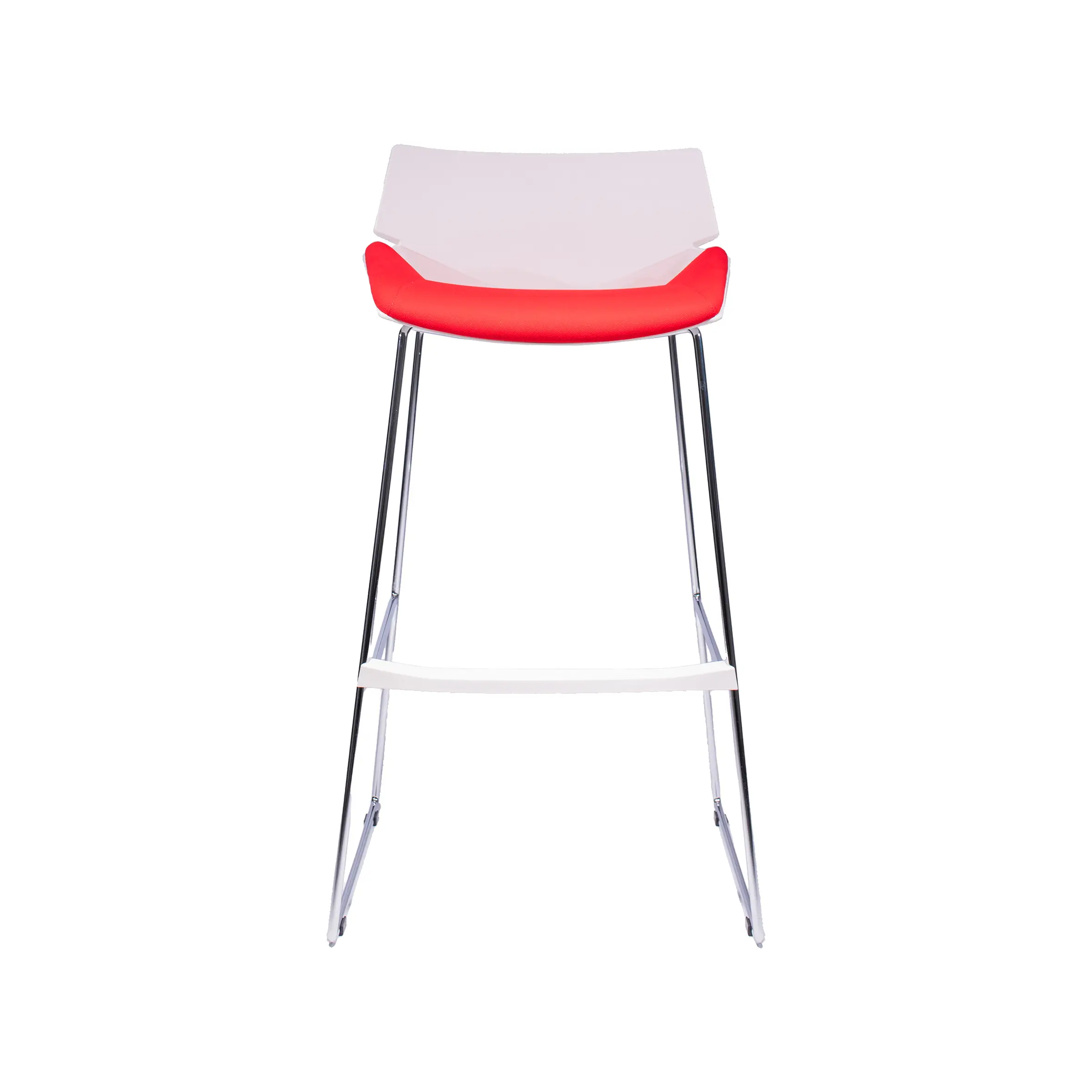 Modern office interior with large windows, a tall, light wood counter, and a red and white chair. Workstations with black chairs and plants in the background.