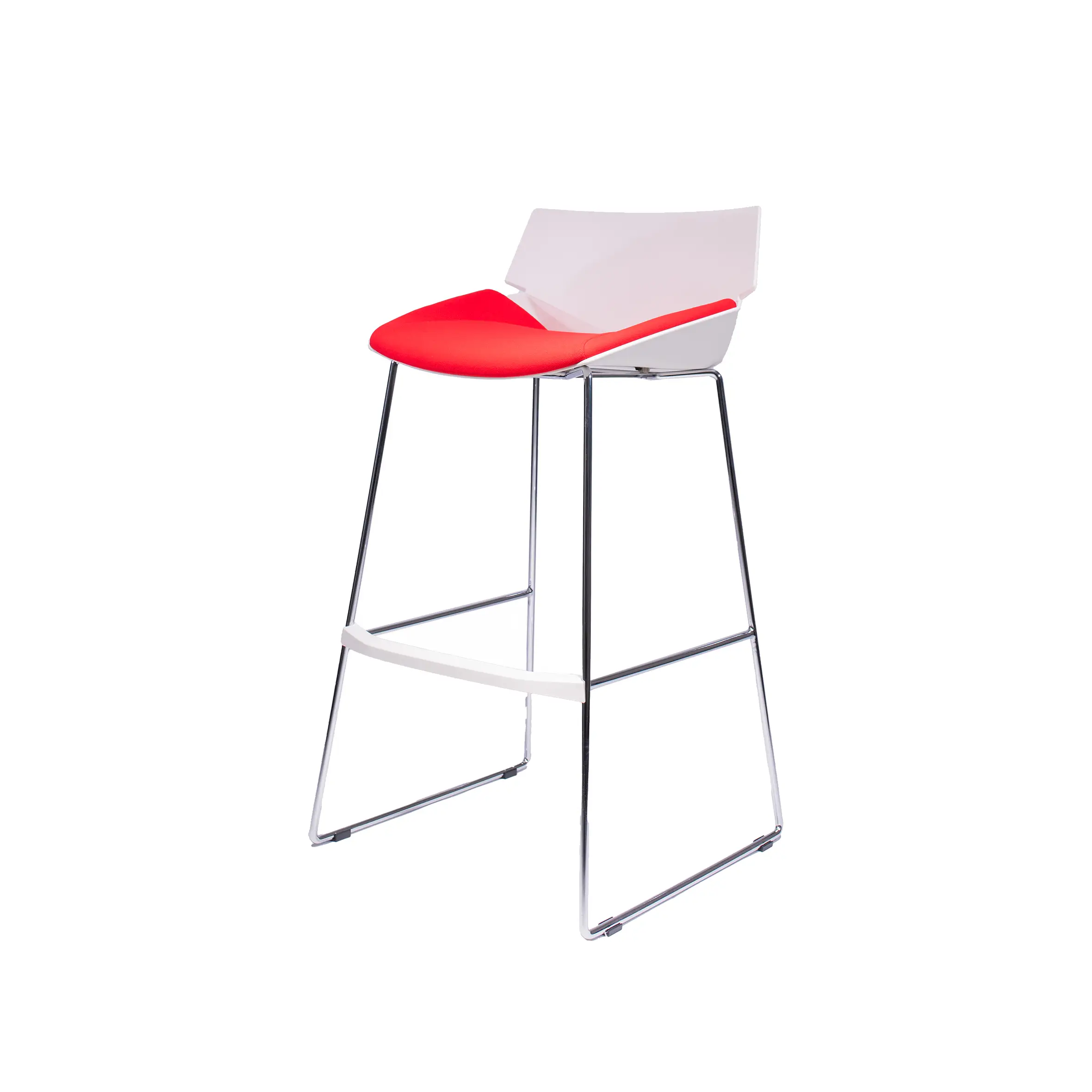 Modern office interior with large windows, a tall, light wood counter, and a red and white chair. Workstations with black chairs and plants in the background.