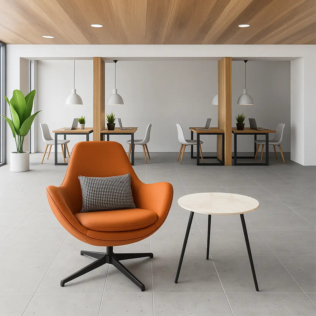 Modern office space with an orange chair and round table in the foreground, wooden ceiling, tables with laptops and chairs, and plants in the background.