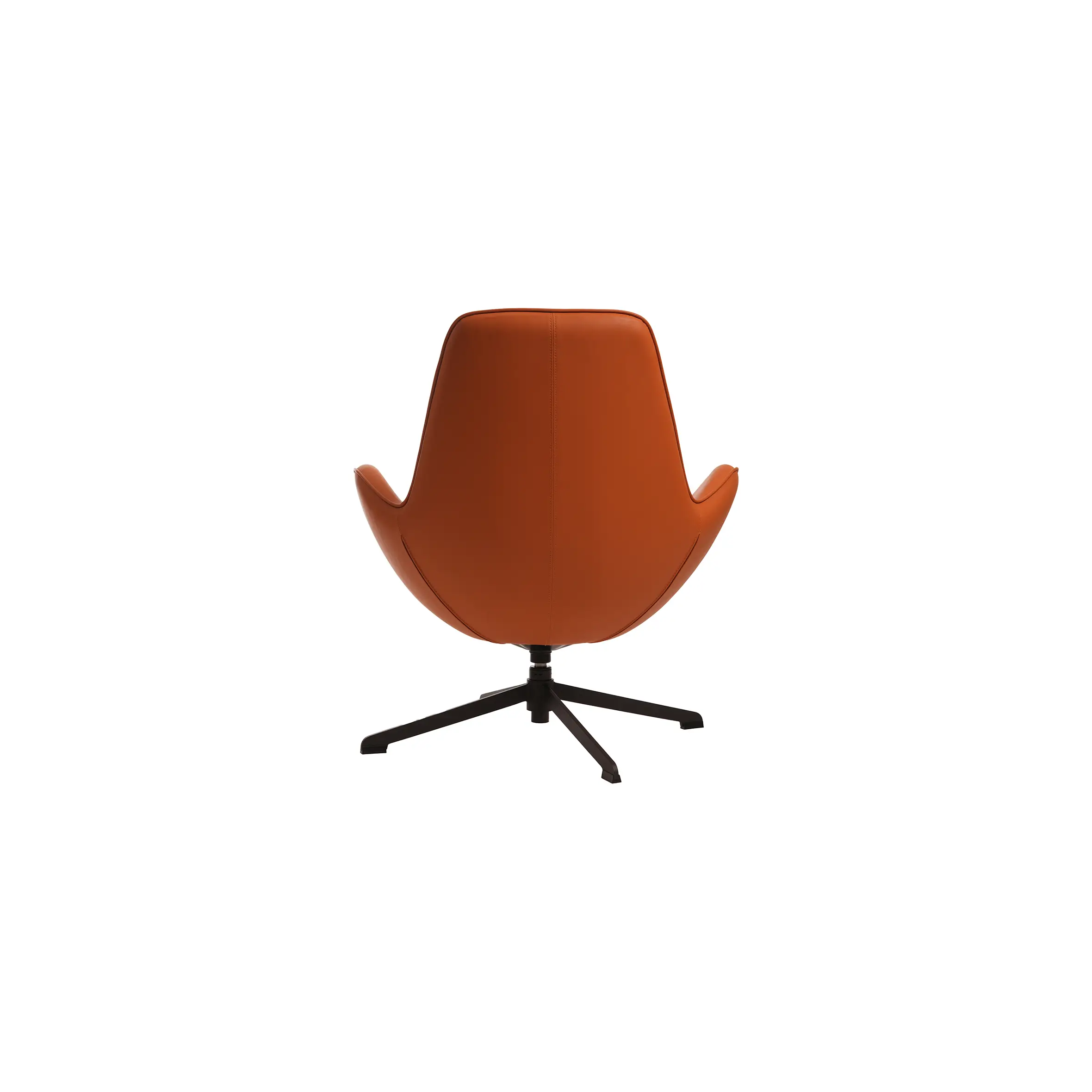 Modern office space with an orange chair and round table in the foreground, wooden ceiling, tables with laptops and chairs, and plants in the background.