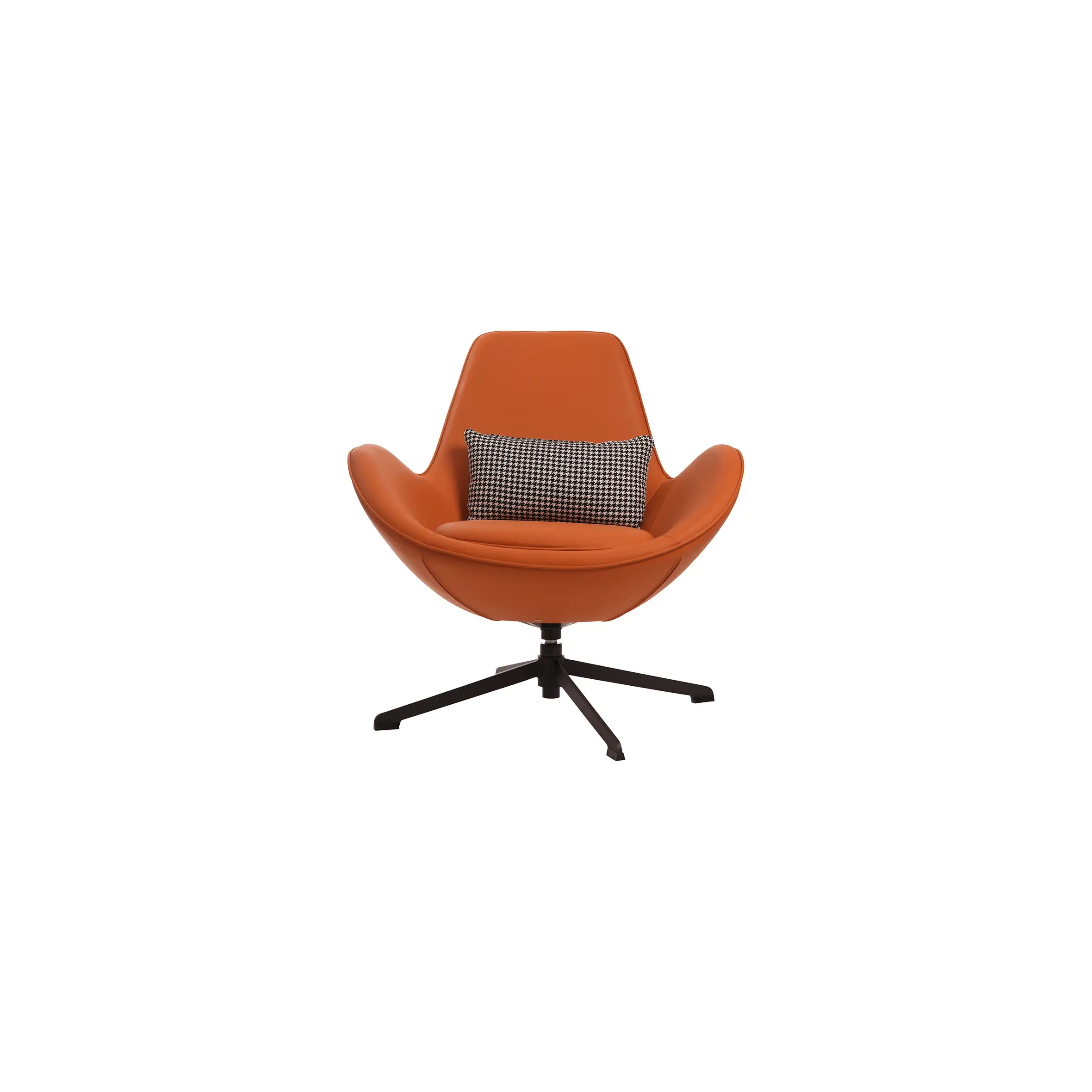 Modern office space with an orange chair and round table in the foreground, wooden ceiling, tables with laptops and chairs, and plants in the background.