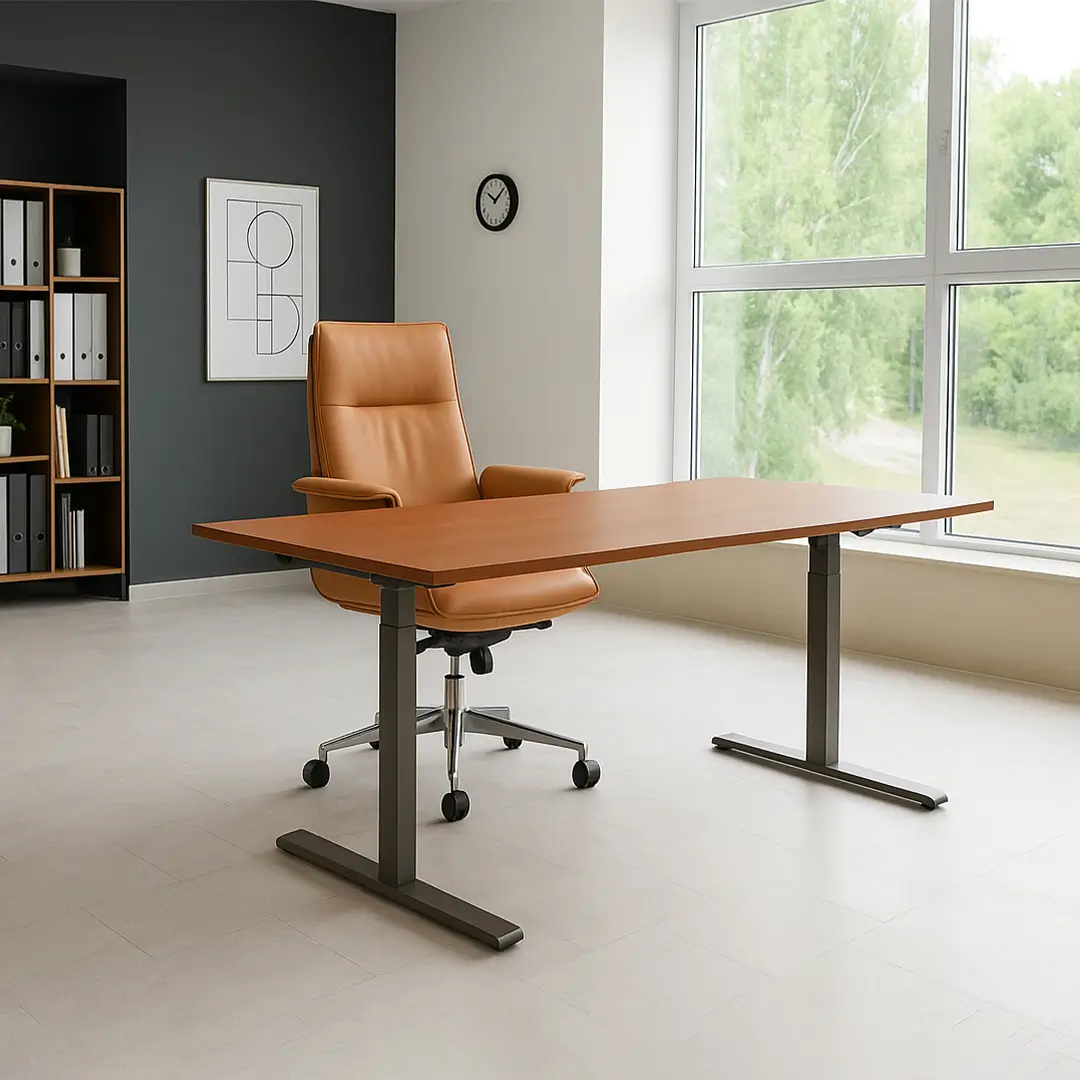 Minimalist office with a large wooden desk and tan swivel chair, brightened by natural light from a window. A shelf with binders and a modern art piece adorn the gray wall.