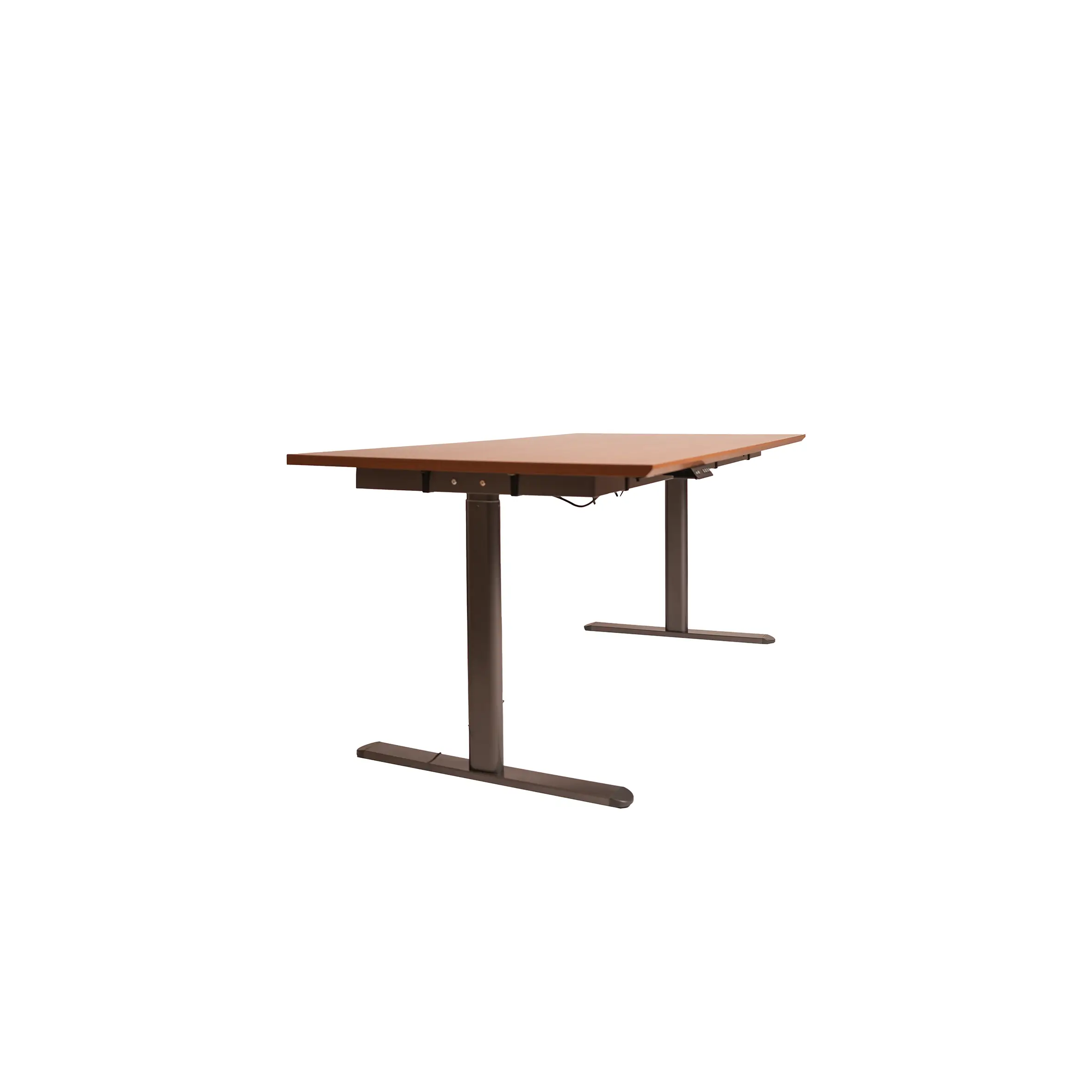 Minimalist office with a large wooden desk and tan swivel chair, brightened by natural light from a window. A shelf with binders and a modern art piece adorn the gray wall.