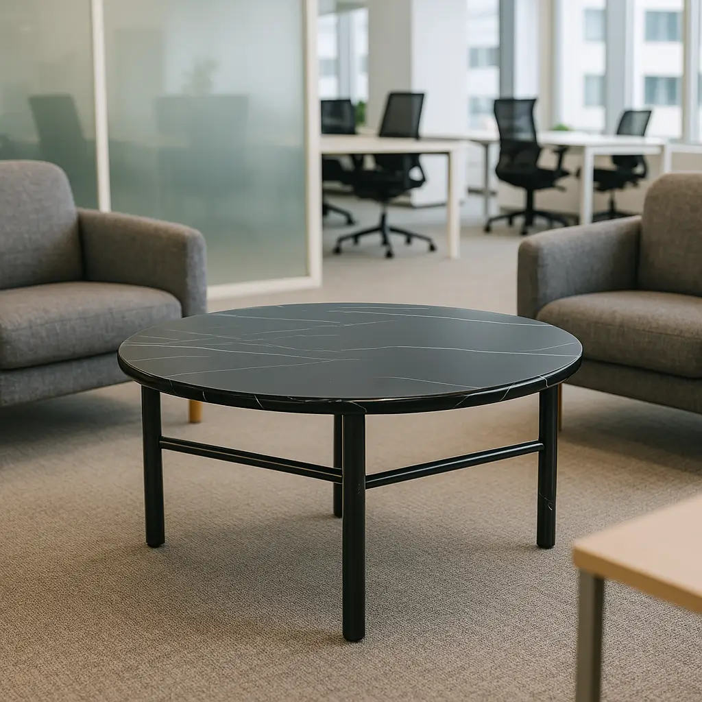 Modern office lounge with a sleek black round coffee table centered between two gray armchairs. Desks with chairs are visible in the background.
