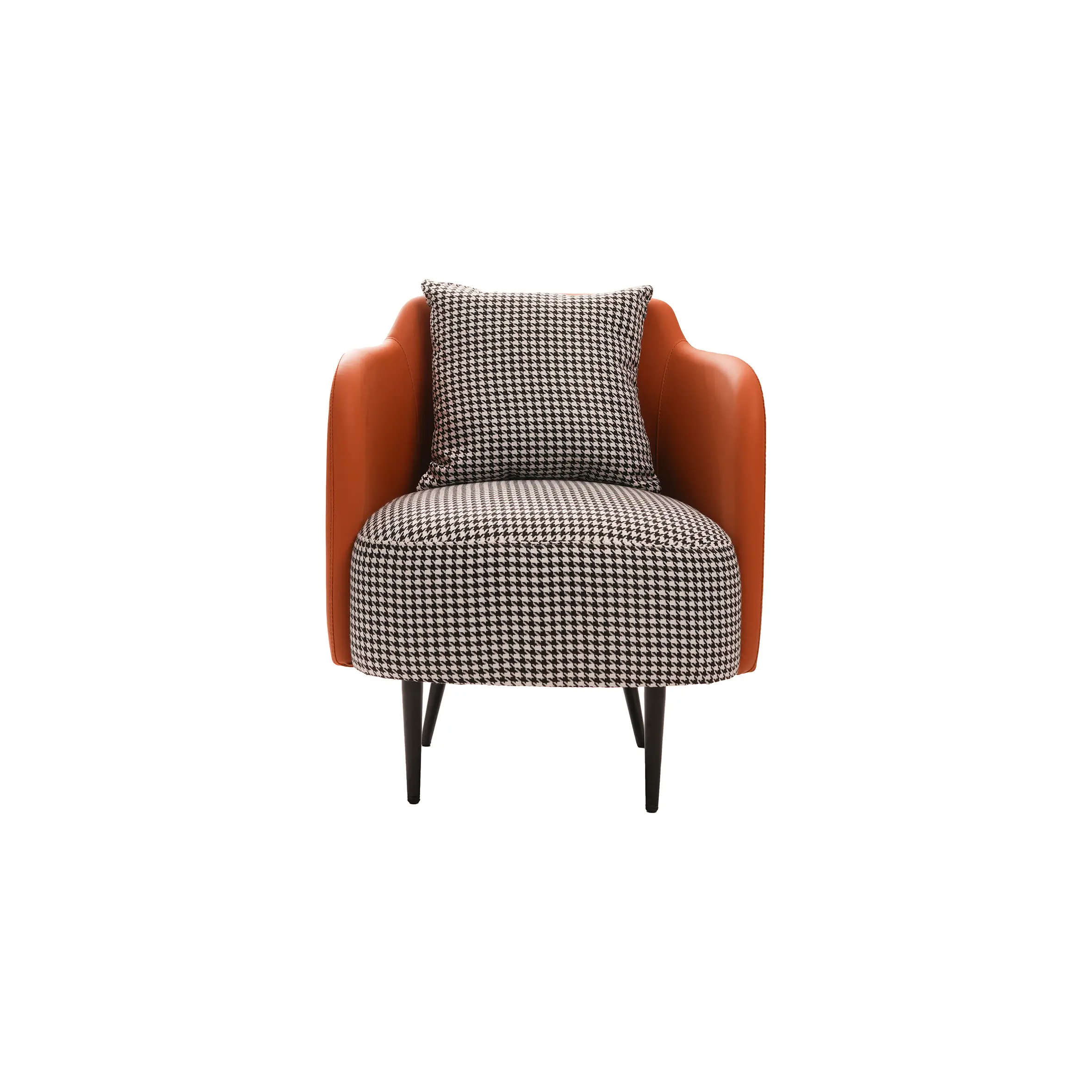 Minimalist office with a white desk, computer, black chair, and black binders. Orange and houndstooth armchair adds a pop of color, exuding modern elegance.