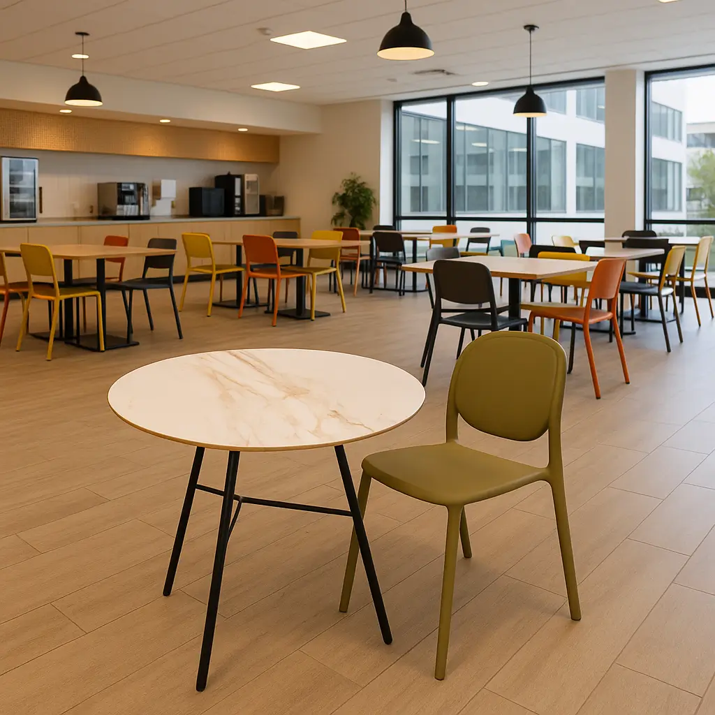 Modern cafeteria with round tables, colorful chairs, and bright windows. Soft lighting and neutral tones create a welcoming and relaxed atmosphere.