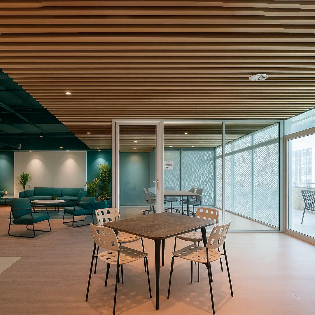 Modern office space with wooden ceiling, glass walls, and stylish furniture. Features a central table with chairs and a teal seating area with plants.