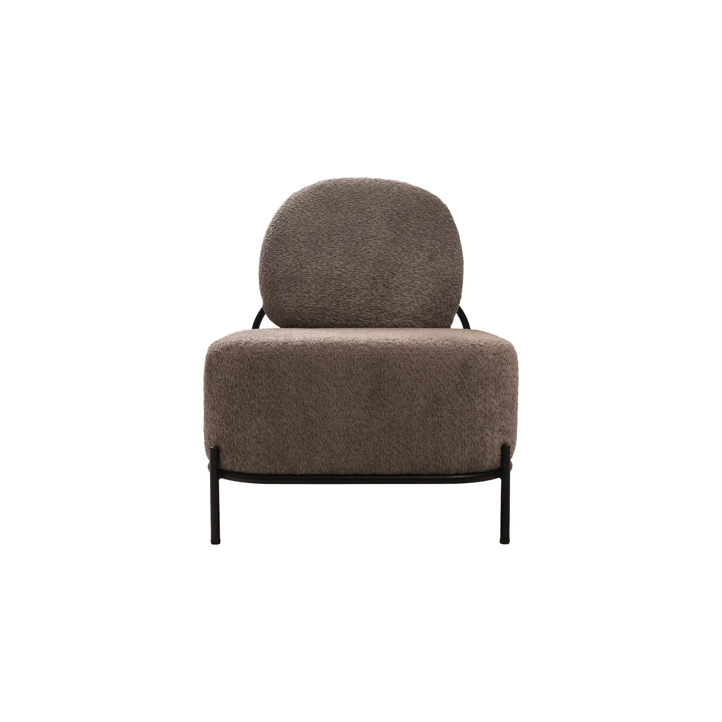 Modern lounge scene with a brown cushioned sofa beside a sleek, black marble-topped table on a light tile floor. Warm wood paneling adds coziness.