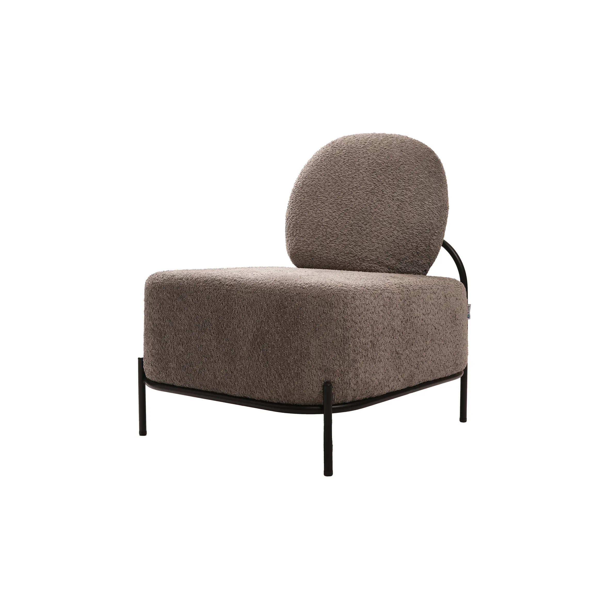 Modern lounge scene with a brown cushioned sofa beside a sleek, black marble-topped table on a light tile floor. Warm wood paneling adds coziness.