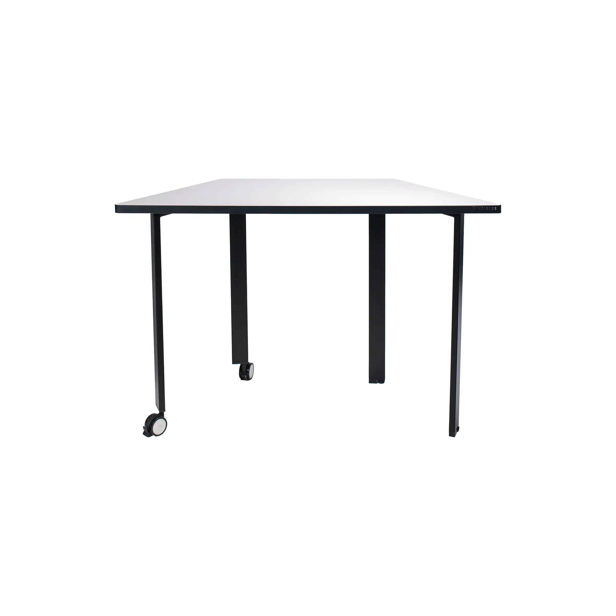 Modern office setting with a trapezoidal white desk and a black mesh swivel chair on wheels. Neutral tones and a bright window create a minimalist, professional vibe.