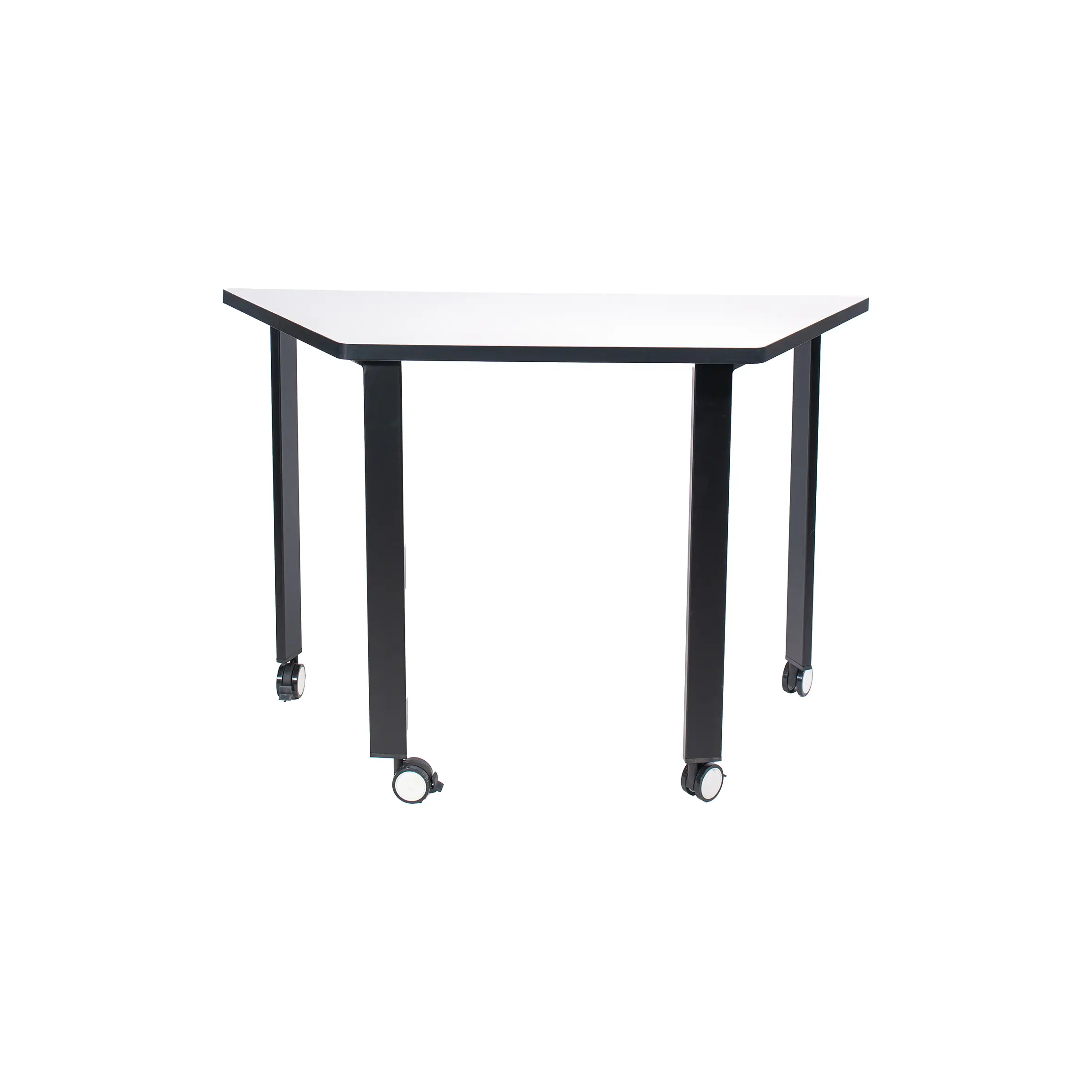 Modern office setting with a trapezoidal white desk and a black mesh swivel chair on wheels. Neutral tones and a bright window create a minimalist, professional vibe.