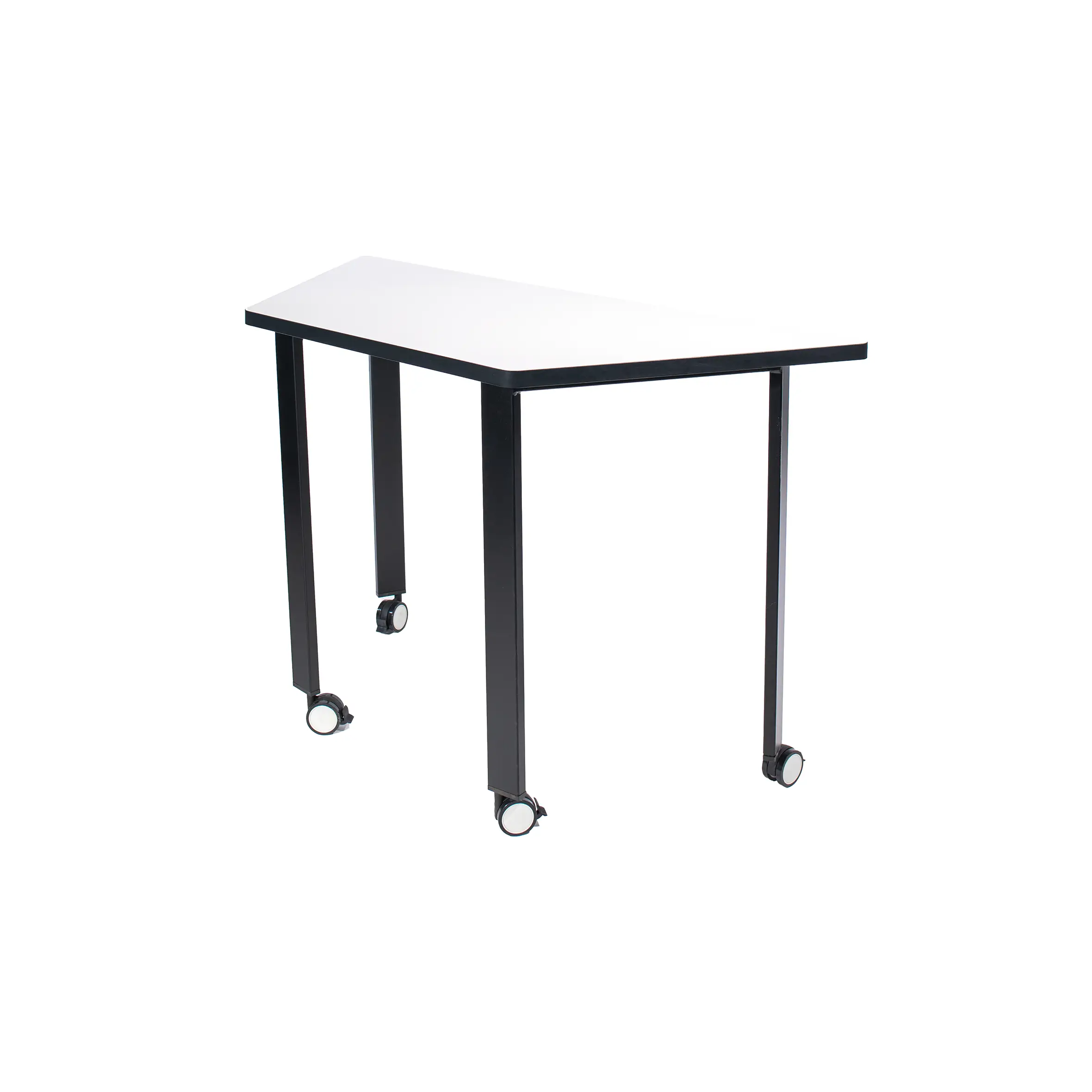 Modern office setting with a trapezoidal white desk and a black mesh swivel chair on wheels. Neutral tones and a bright window create a minimalist, professional vibe.