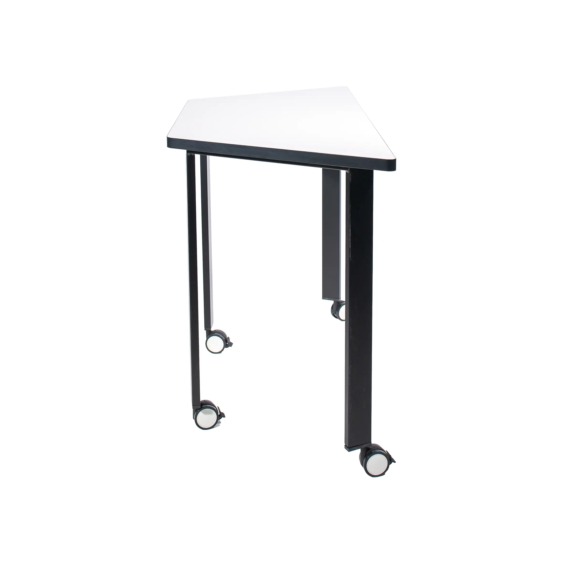 Modern office setting with a trapezoidal white desk and a black mesh swivel chair on wheels. Neutral tones and a bright window create a minimalist, professional vibe.