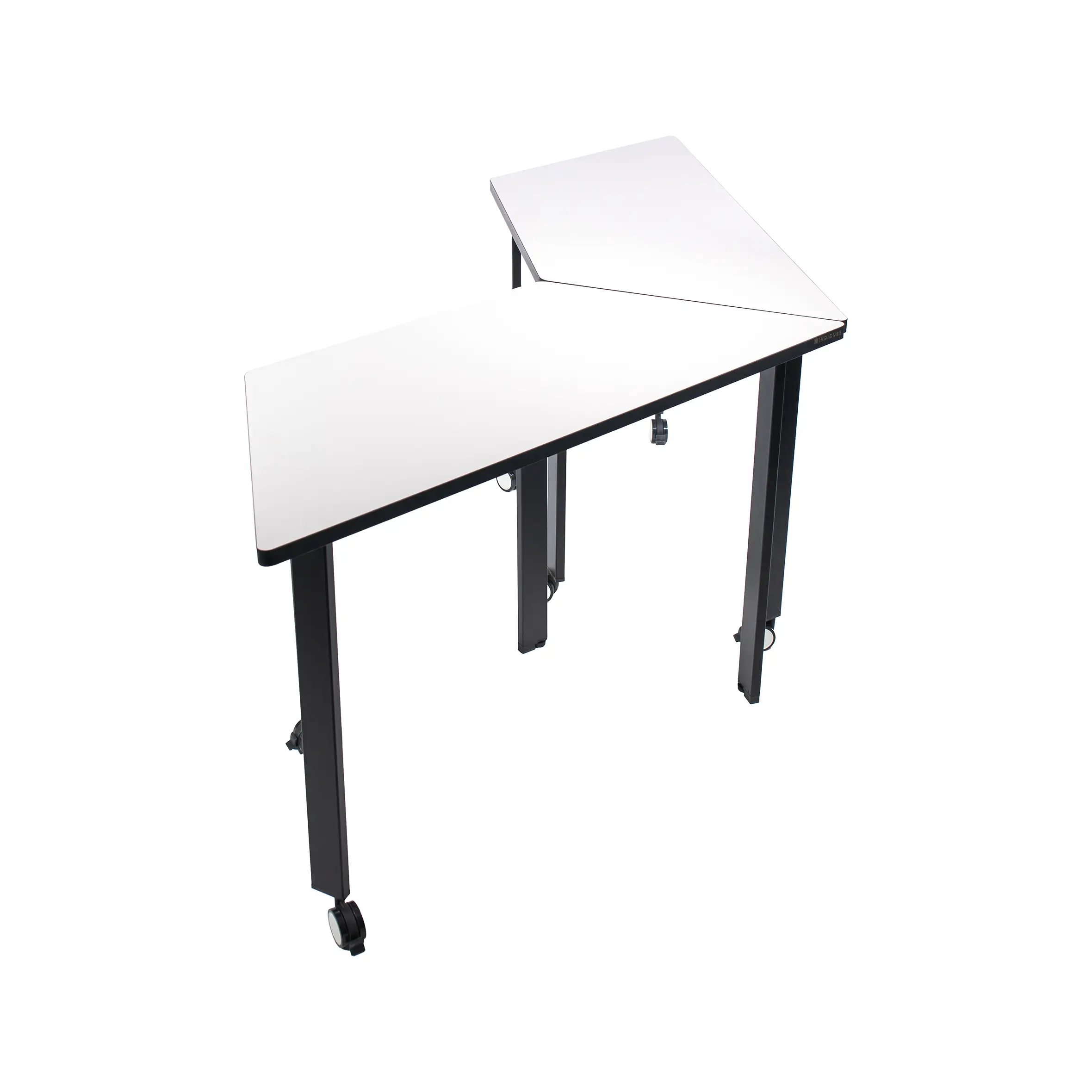 Modern office setting with a trapezoidal white desk and a black mesh swivel chair on wheels. Neutral tones and a bright window create a minimalist, professional vibe.