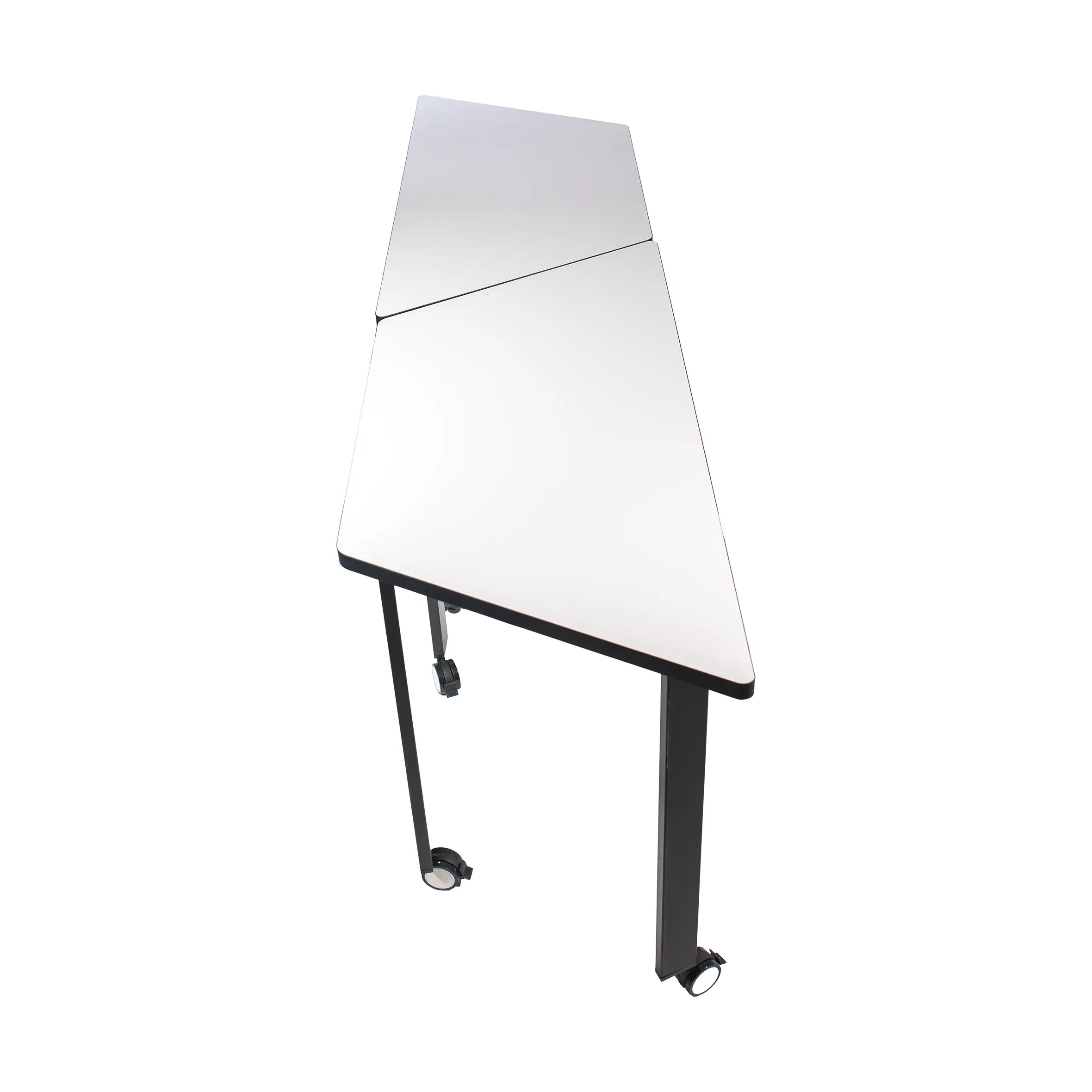 Modern office setting with a trapezoidal white desk and a black mesh swivel chair on wheels. Neutral tones and a bright window create a minimalist, professional vibe.