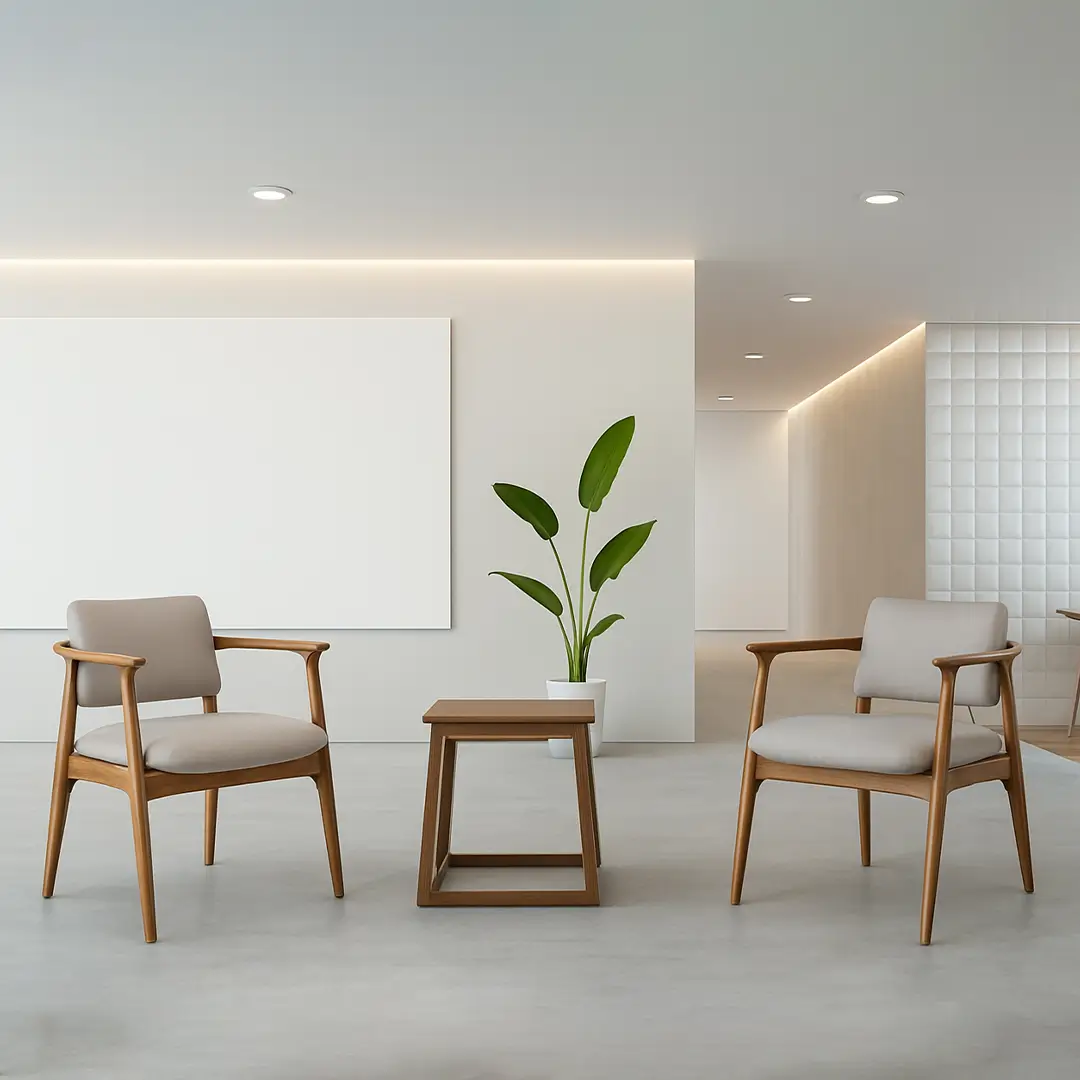 A minimalist waiting room with two wooden chairs, a small table between them, and a potted plant. The atmosphere is calm and inviting, featuring soft lighting.