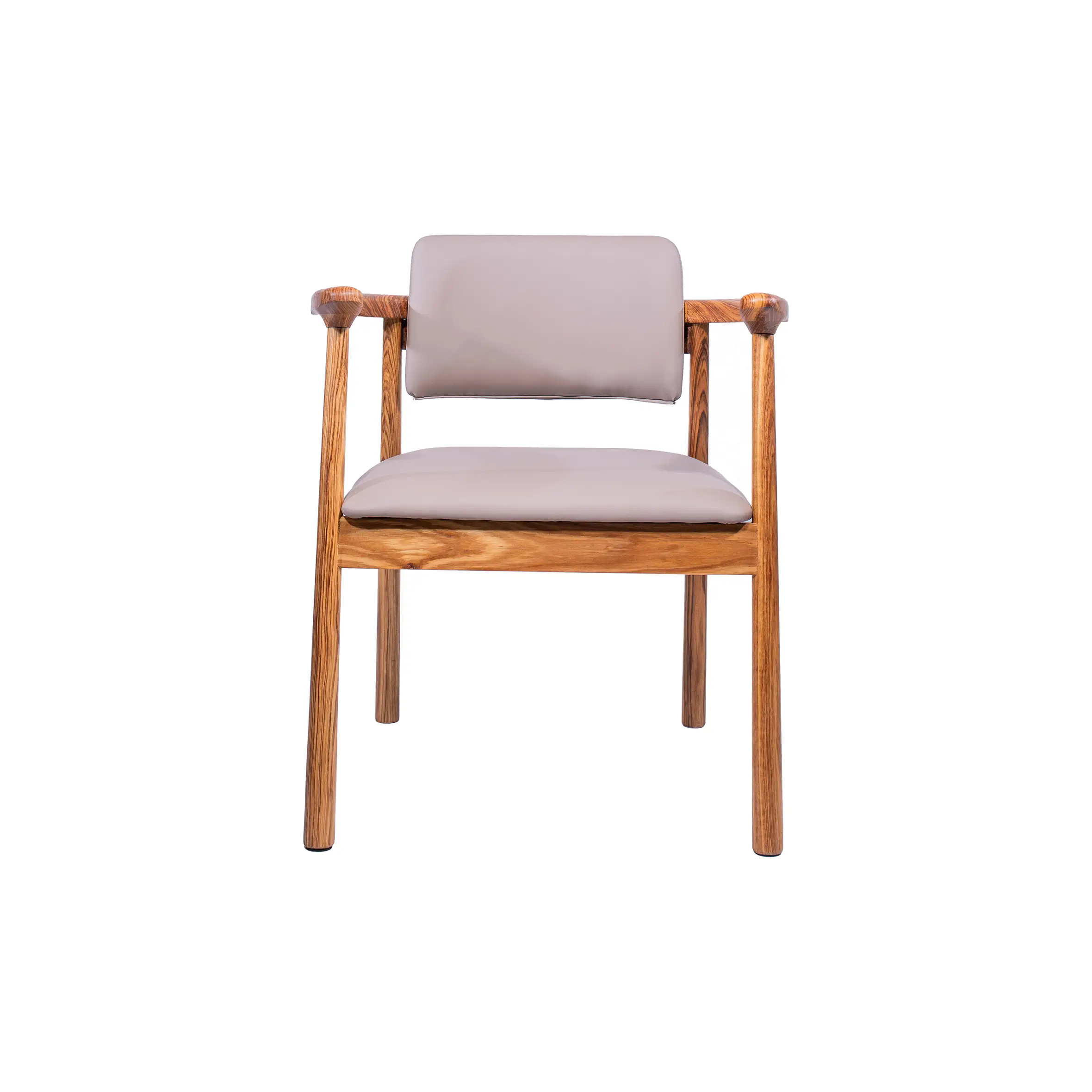 A minimalist waiting room with two wooden chairs, a small table between them, and a potted plant. The atmosphere is calm and inviting, featuring soft lighting.