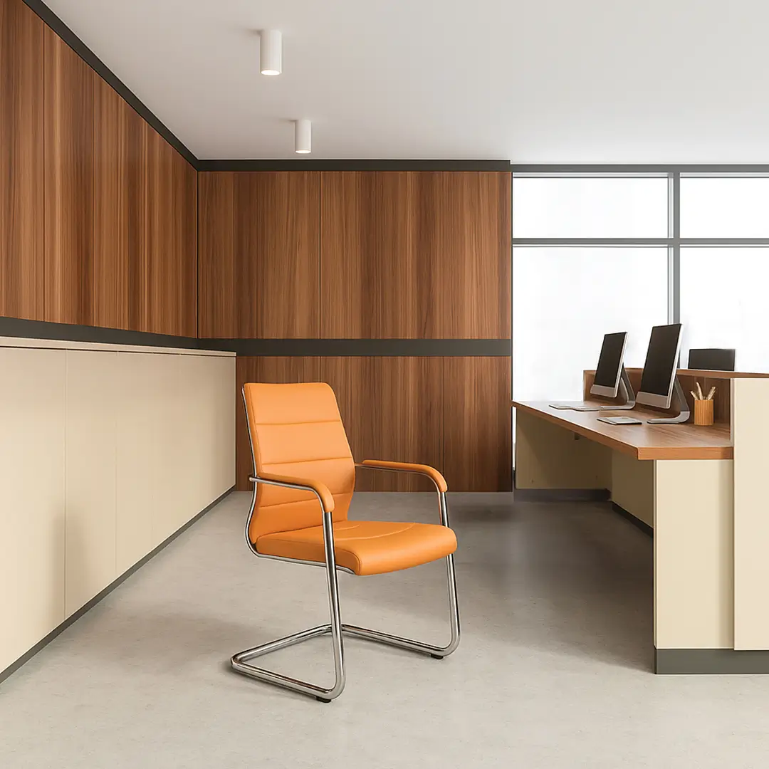 Modern office interior with a sleek orange chair in the foreground. Wooden paneling and large desks with computers create a clean, professional atmosphere.
