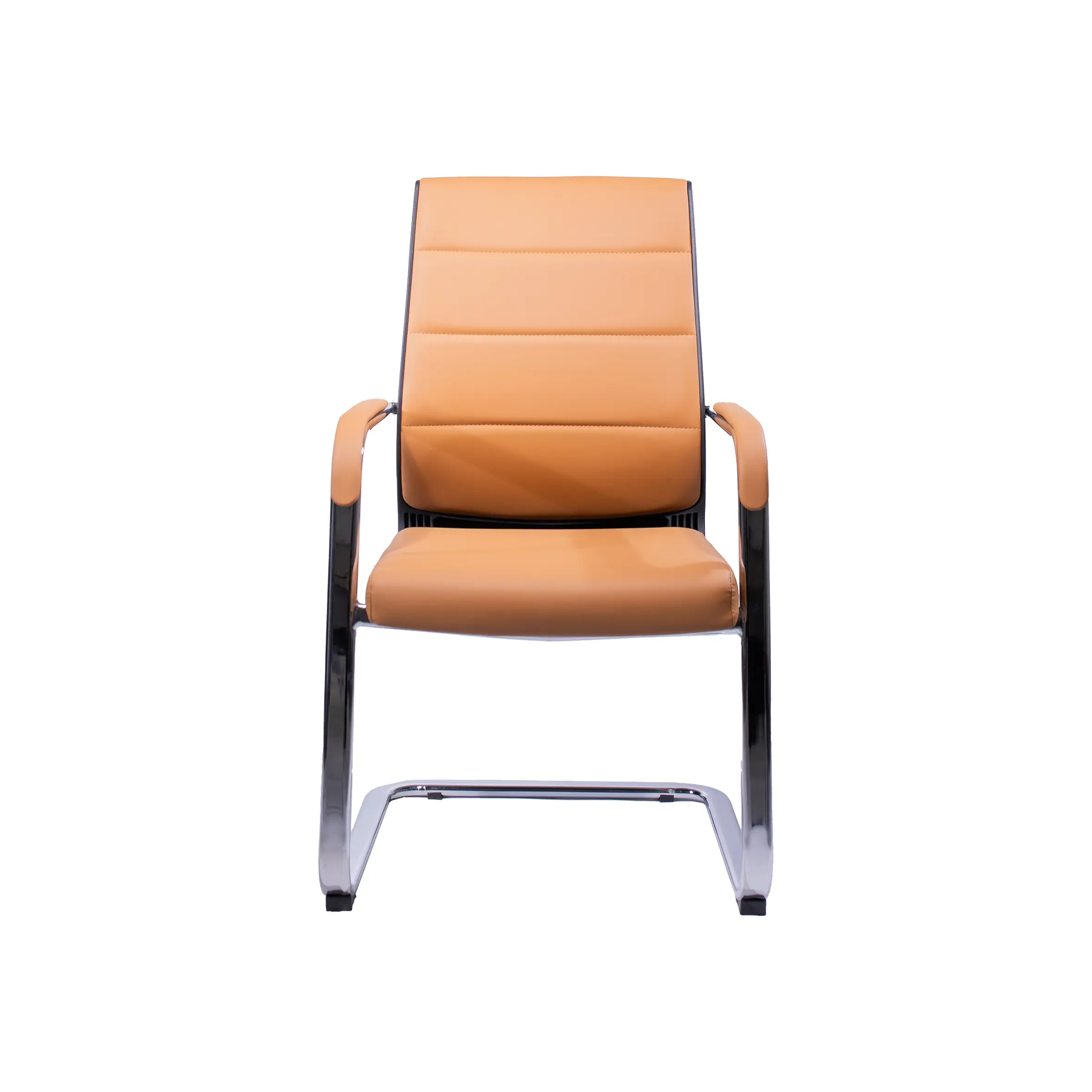 Modern office interior with a sleek orange chair in the foreground. Wooden paneling and large desks with computers create a clean, professional atmosphere.