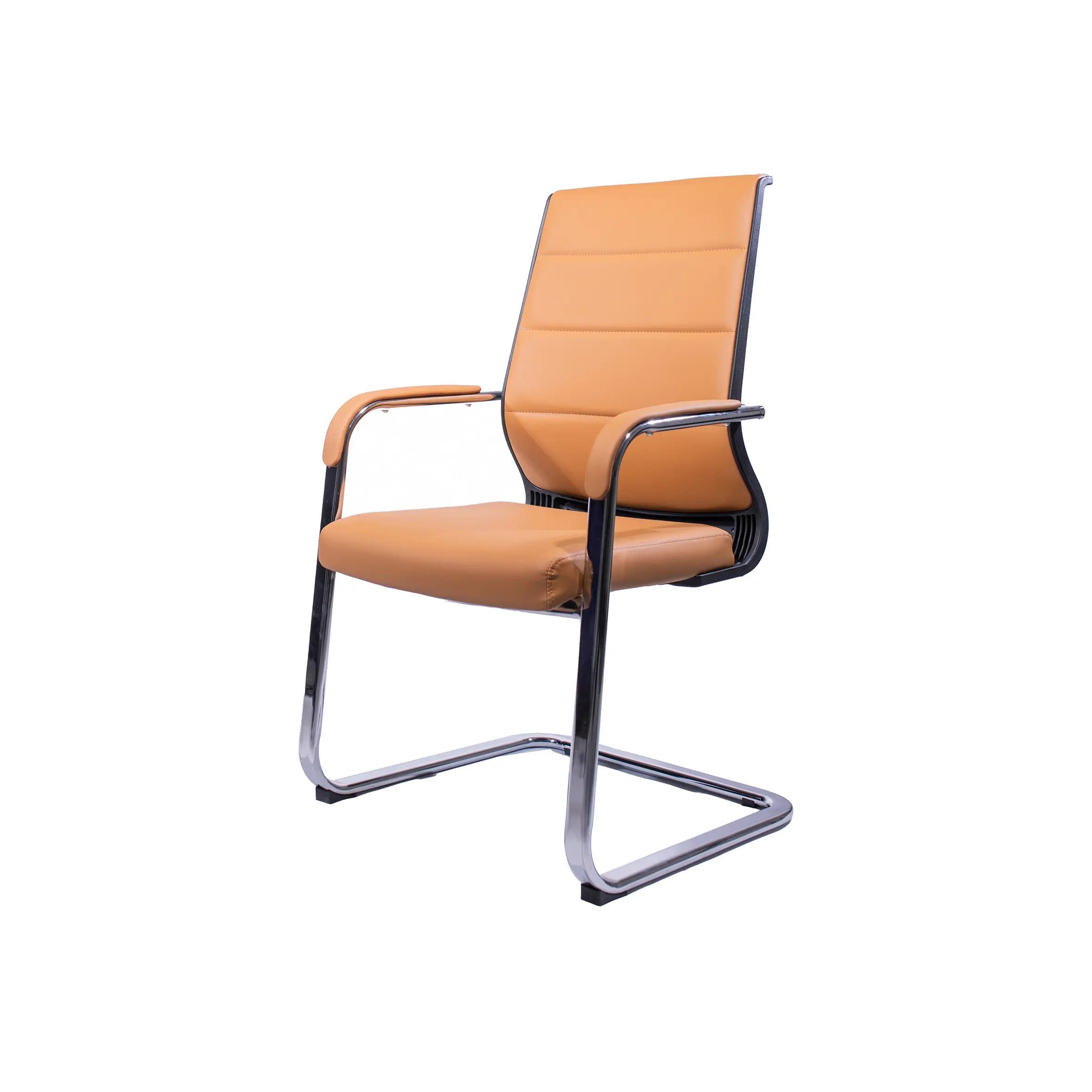 Modern office interior with a sleek orange chair in the foreground. Wooden paneling and large desks with computers create a clean, professional atmosphere.