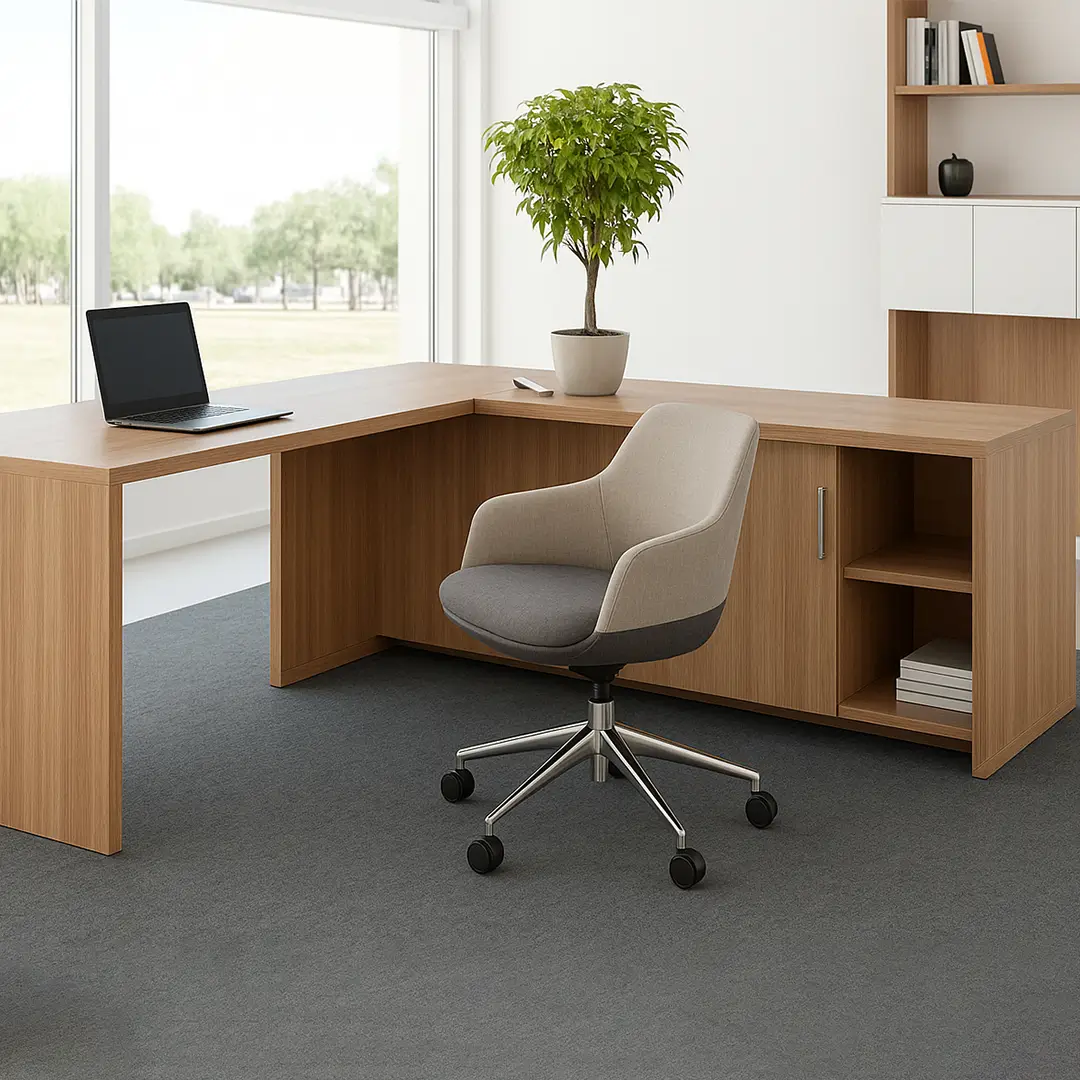 Modern office space with wooden L-shaped desk, gray swivel chair, and open laptop. A green plant adds a touch of nature. Large window view outside.