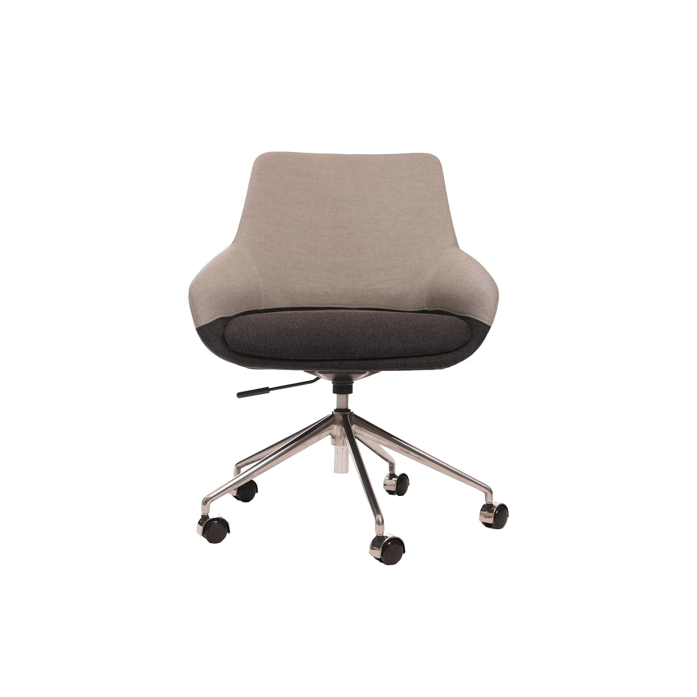 Modern office space with wooden L-shaped desk, gray swivel chair, and open laptop. A green plant adds a touch of nature. Large window view outside.