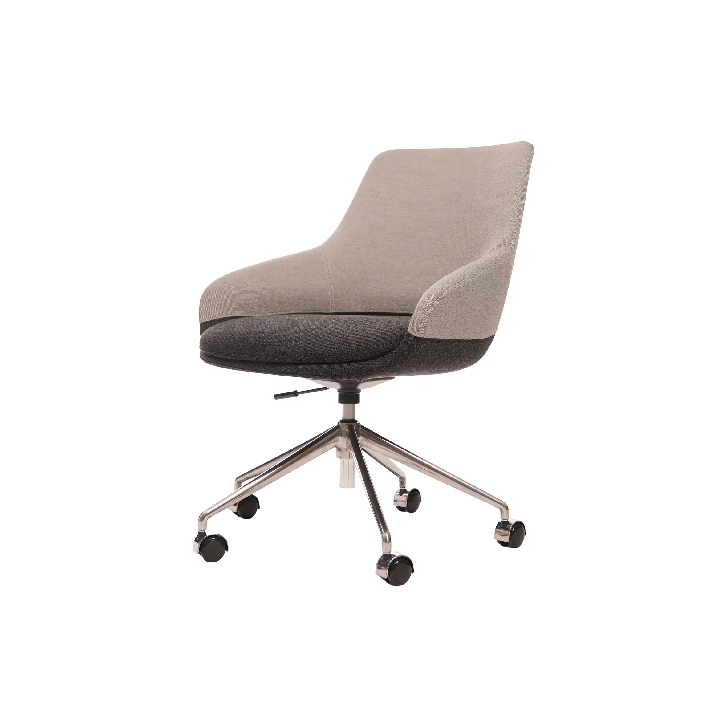 Modern office space with wooden L-shaped desk, gray swivel chair, and open laptop. A green plant adds a touch of nature. Large window view outside.