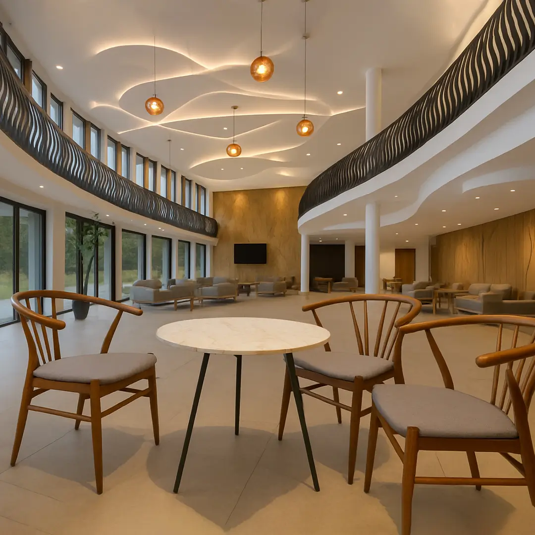 Spacious modern lobby with round marble table and wooden chairs. Curved ceiling lights and large windows create an elegant and inviting atmosphere.