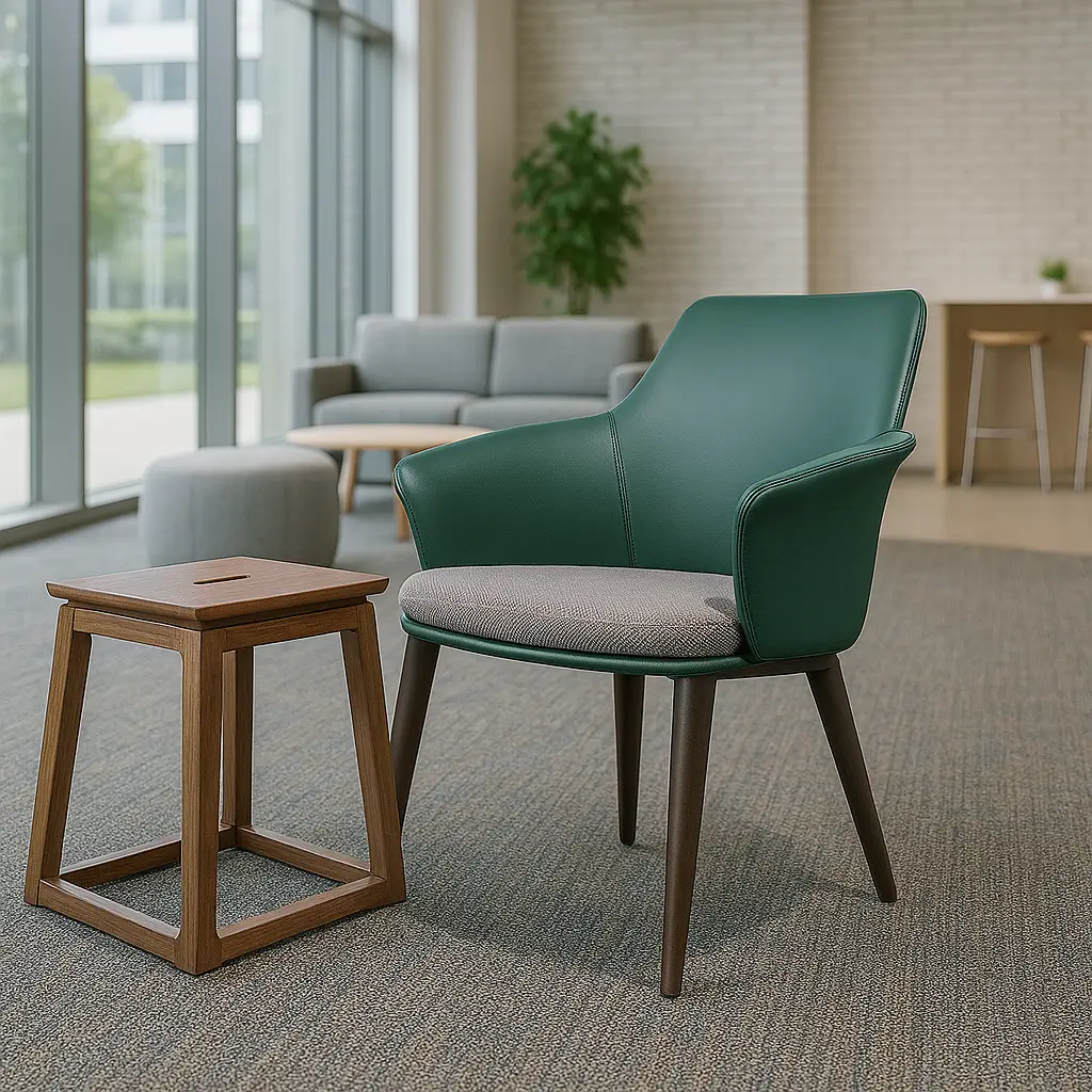 Green armchair with a gray cushion beside a wooden side table on a carpeted floor. Background shows a modern lounge with large windows and a sofa.