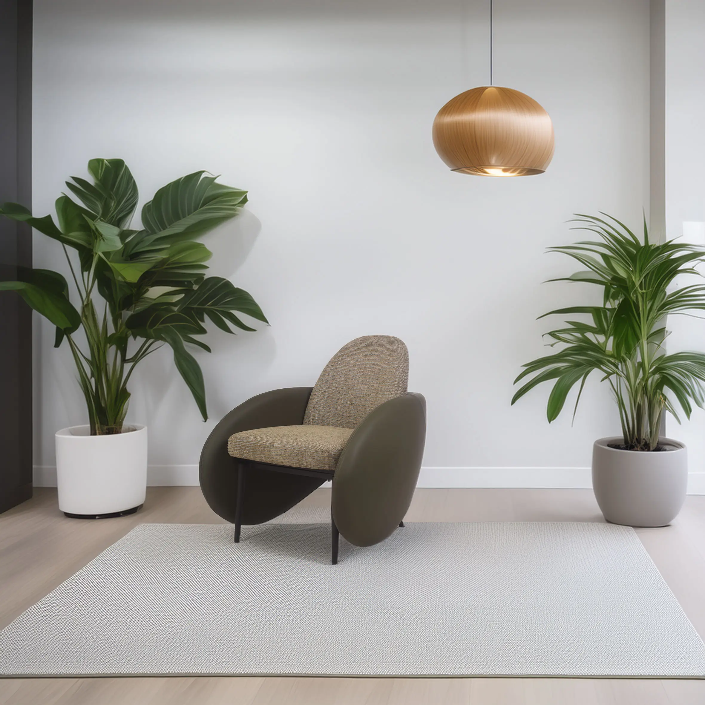A modern, minimalist room with a sculptural chair, flanked by two large potted plants on a light rug. A wooden pendant light hangs above, creating a serene ambiance.