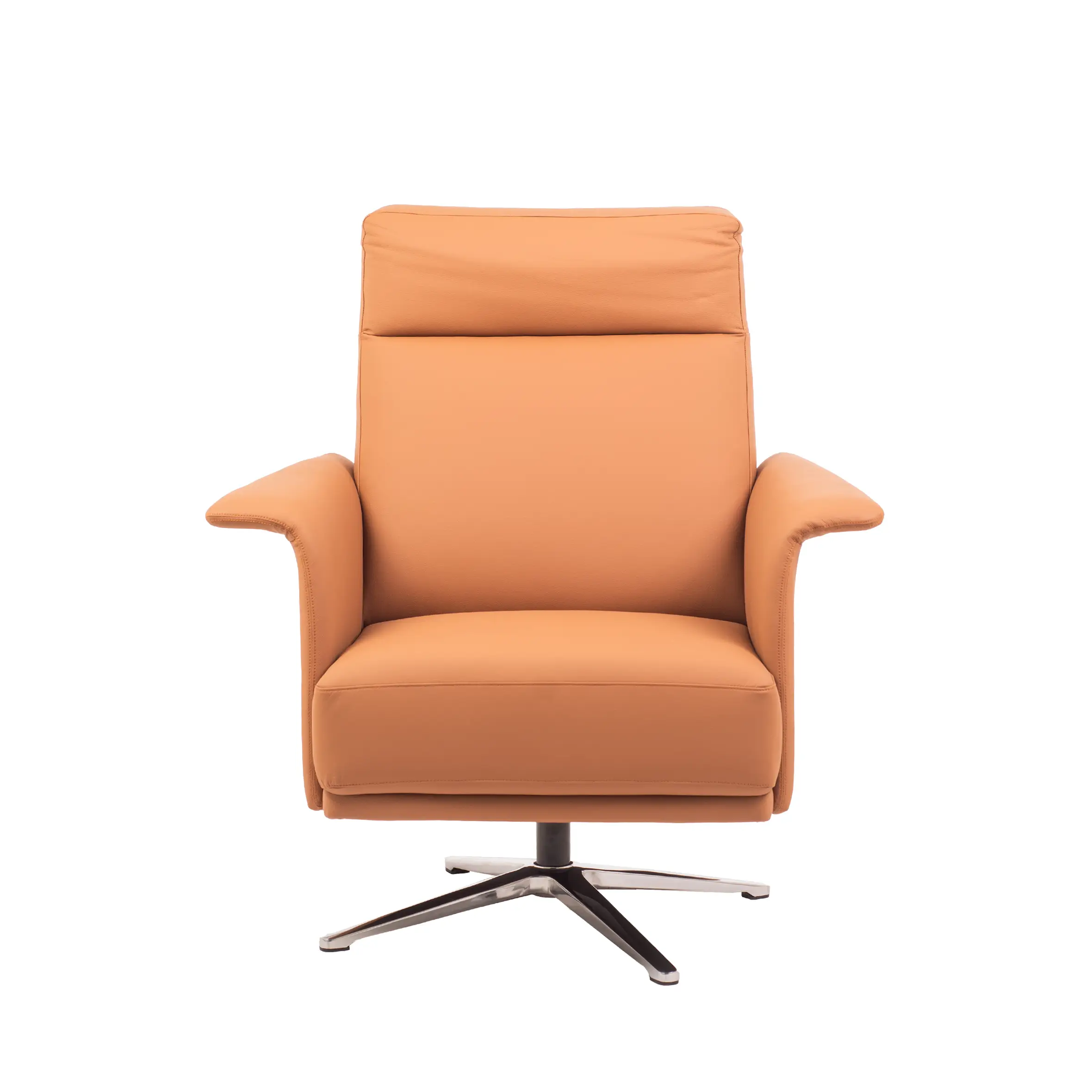 A modern office features a comfortable orange armchair on a light rug, with a sleek desk, computer, chair, and green plants in the sunny background.