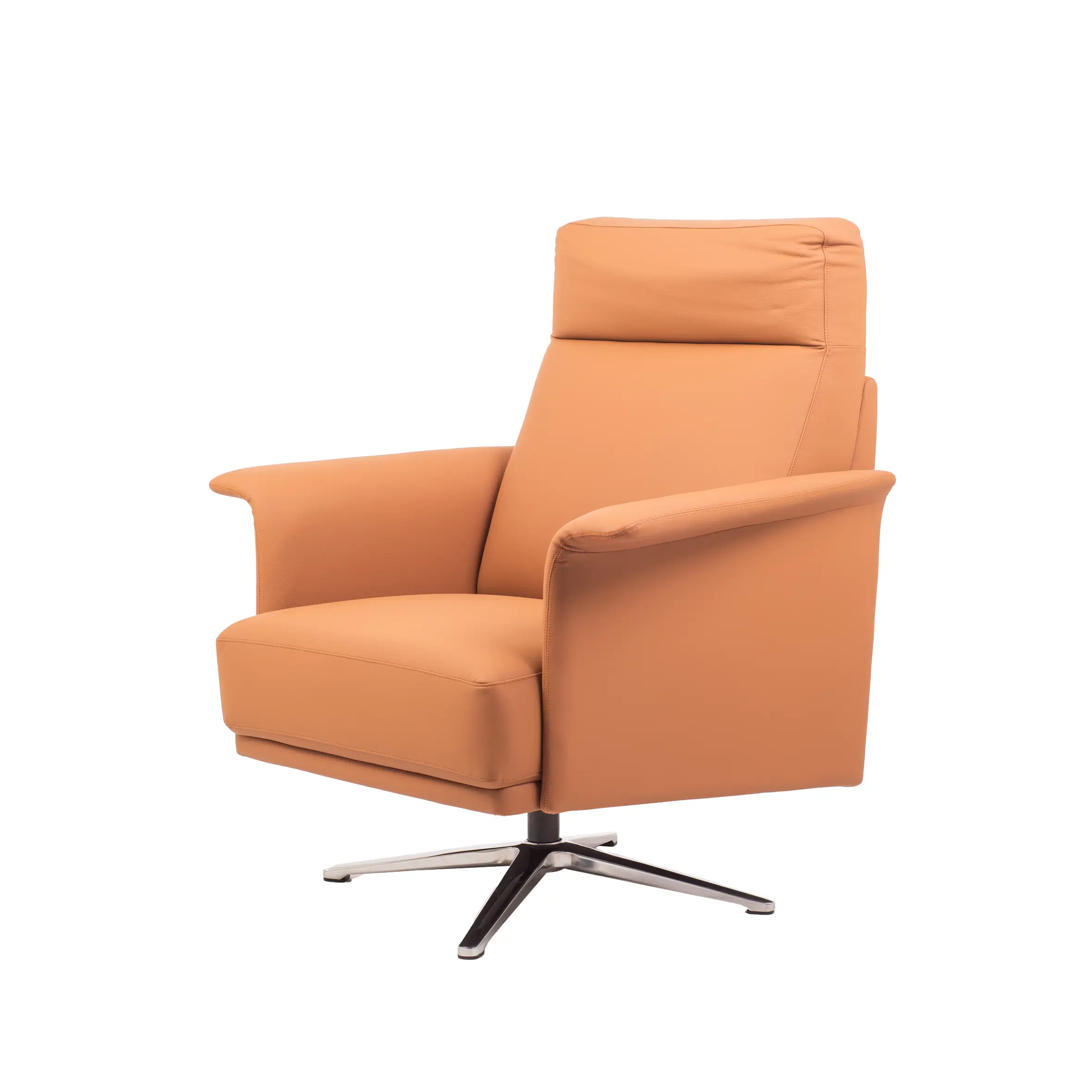 A modern office features a comfortable orange armchair on a light rug, with a sleek desk, computer, chair, and green plants in the sunny background.