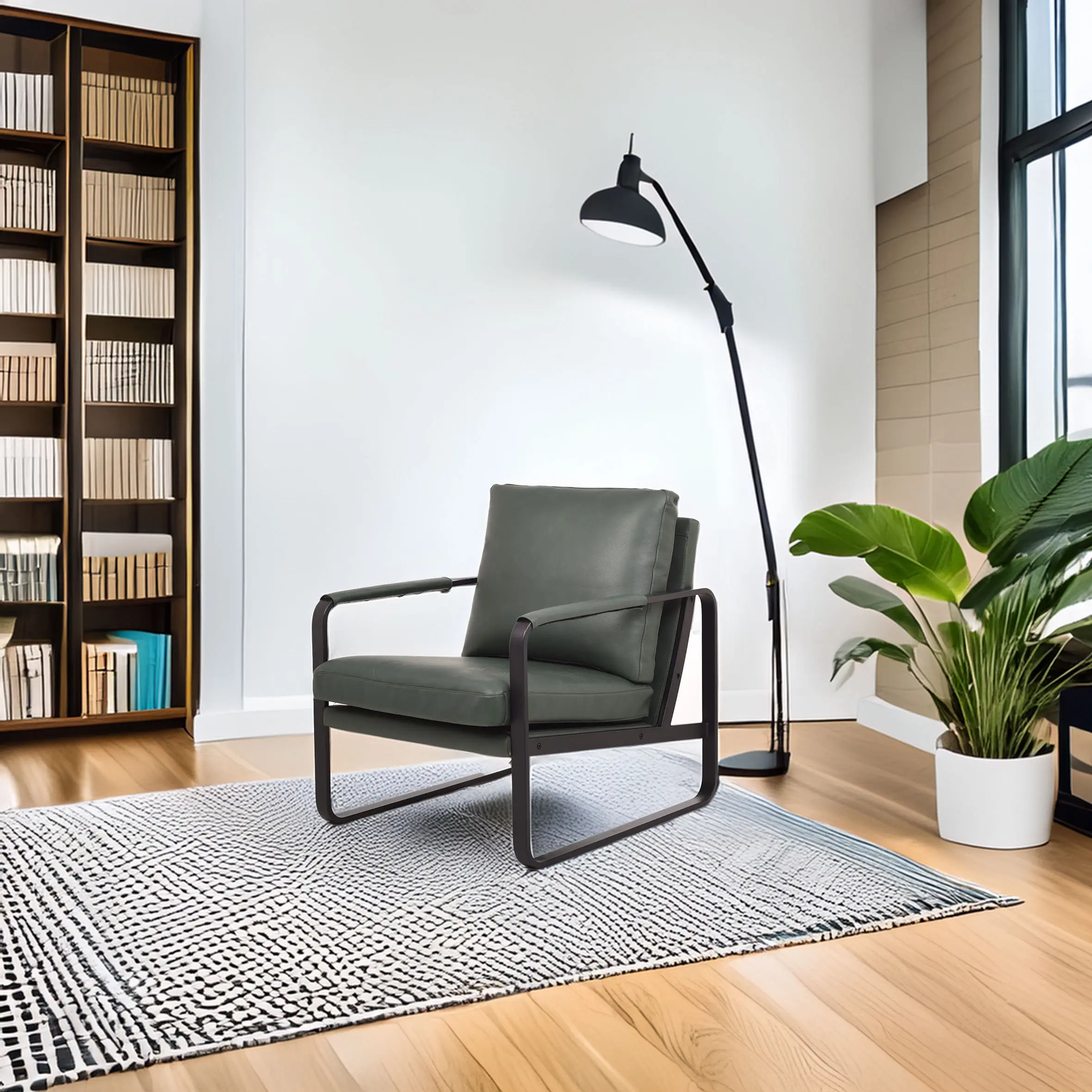 Modern living room with a green armchair on a geometric rug, surrounded by a tall floor lamp, potted plant, and a tall bookshelf filled with books.