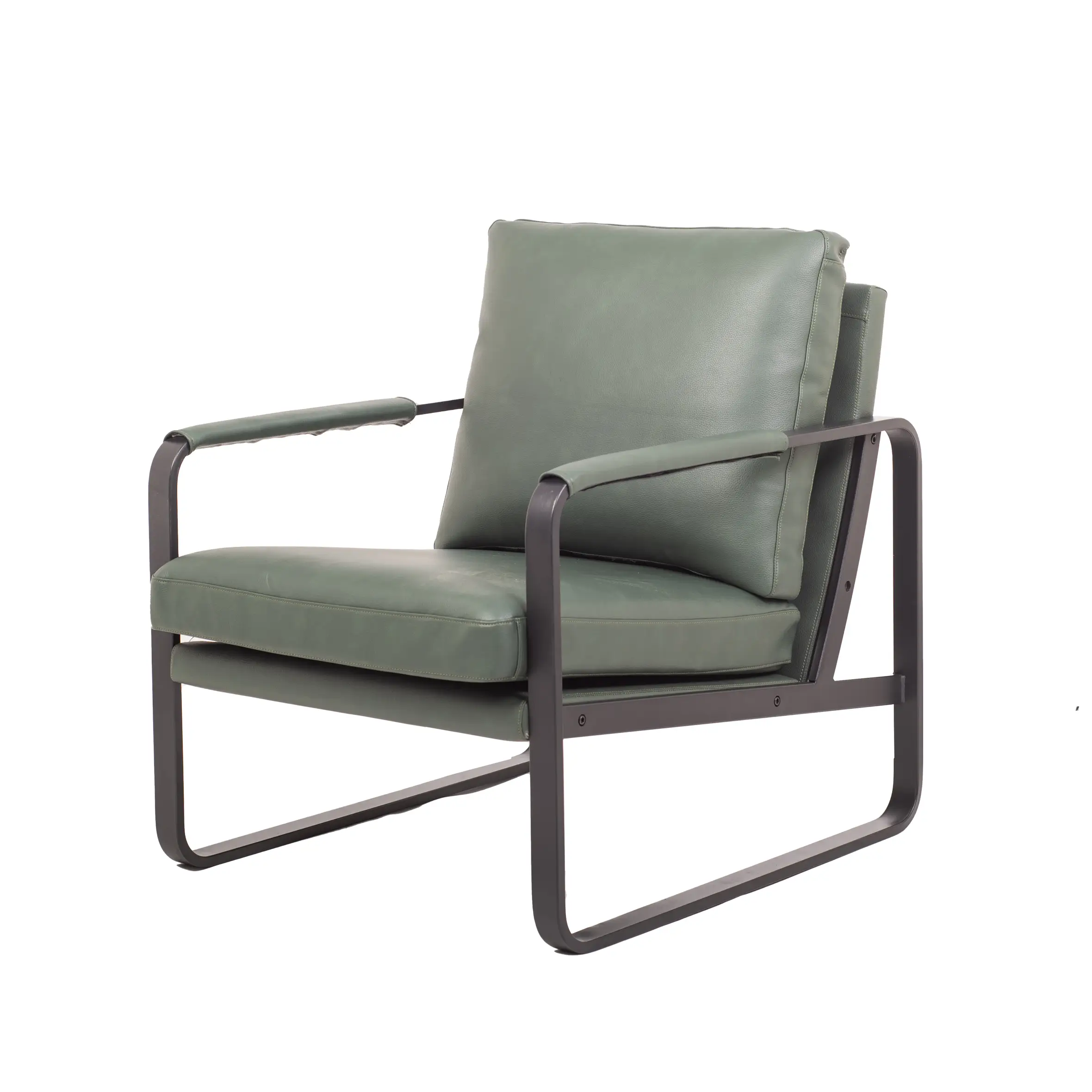 Modern living room with a green armchair on a geometric rug, surrounded by a tall floor lamp, potted plant, and a tall bookshelf filled with books.