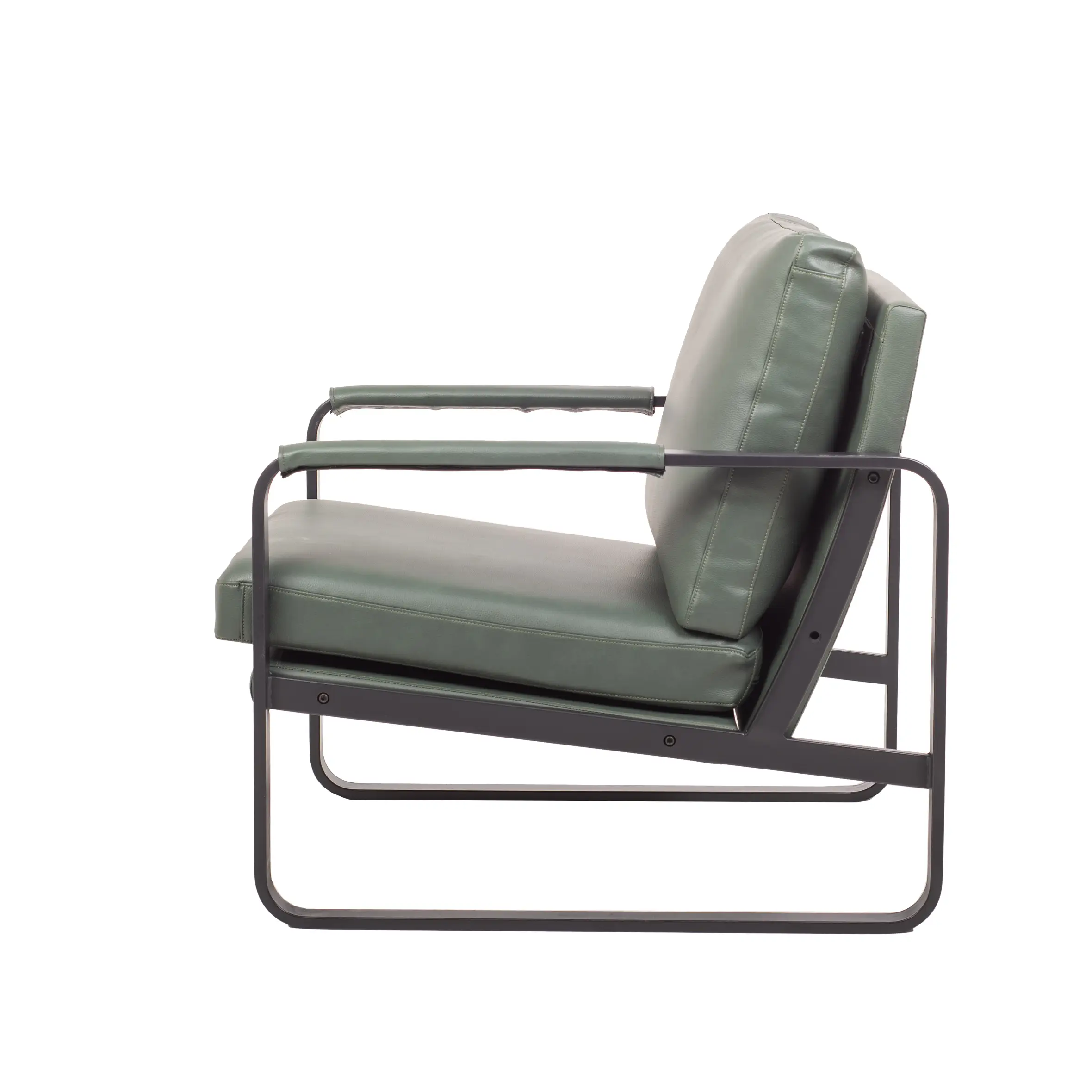 Modern living room with a green armchair on a geometric rug, surrounded by a tall floor lamp, potted plant, and a tall bookshelf filled with books.