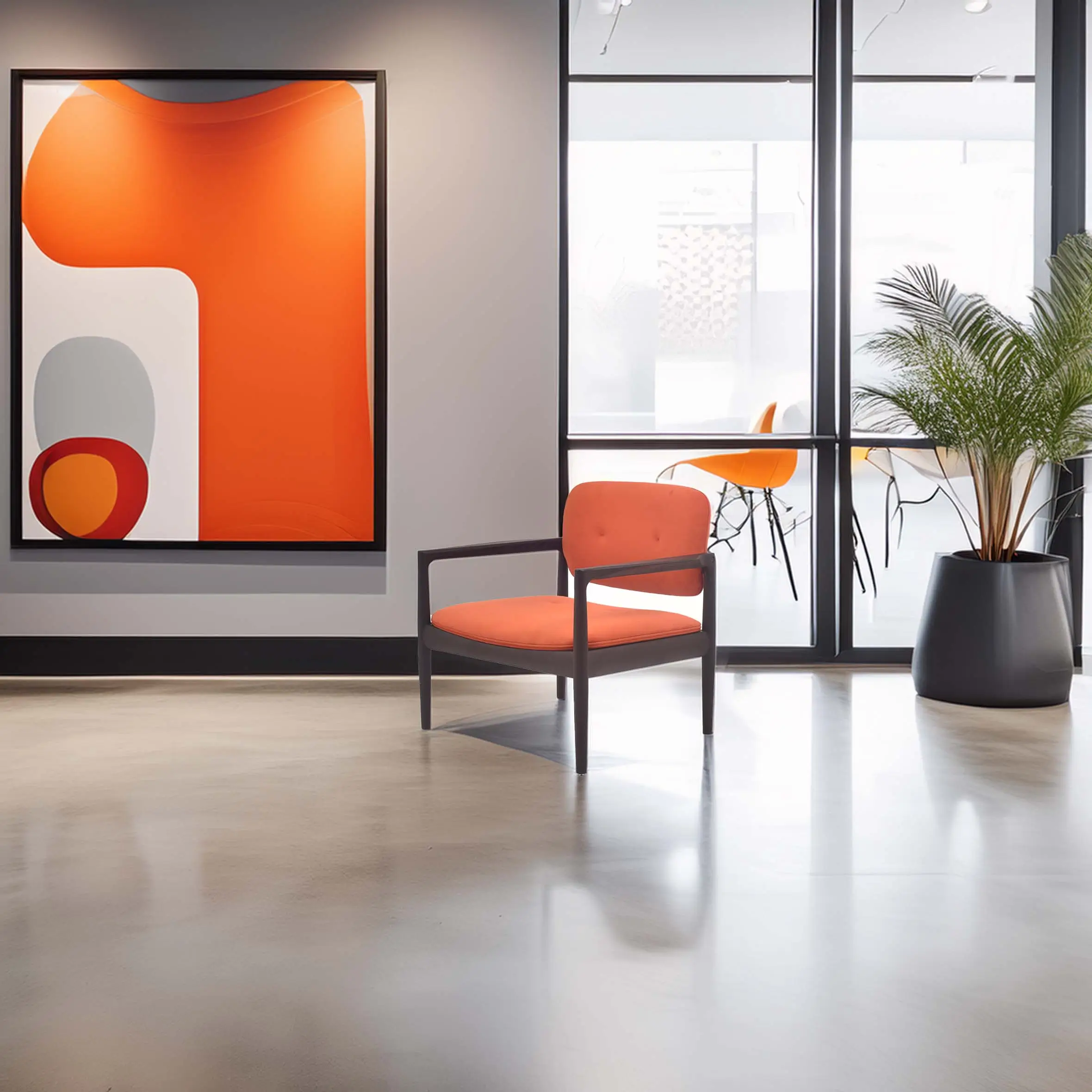 Modern interior with a bold orange and gray abstract painting on a wall. A matching orange chair and a potted plant are nearby, exuding a sleek, vibrant tone.