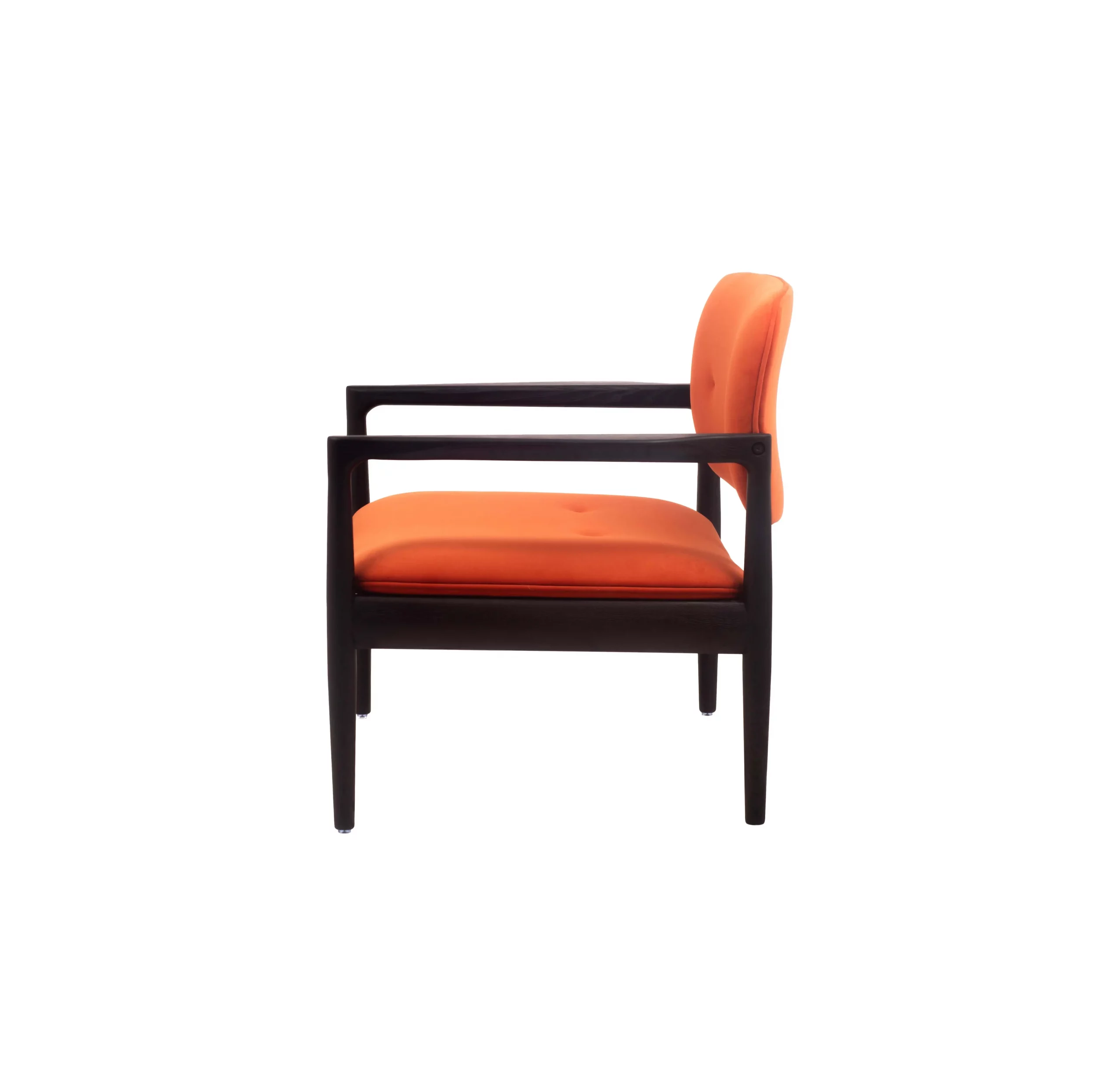 Modern interior with a bold orange and gray abstract painting on a wall. A matching orange chair and a potted plant are nearby, exuding a sleek, vibrant tone.