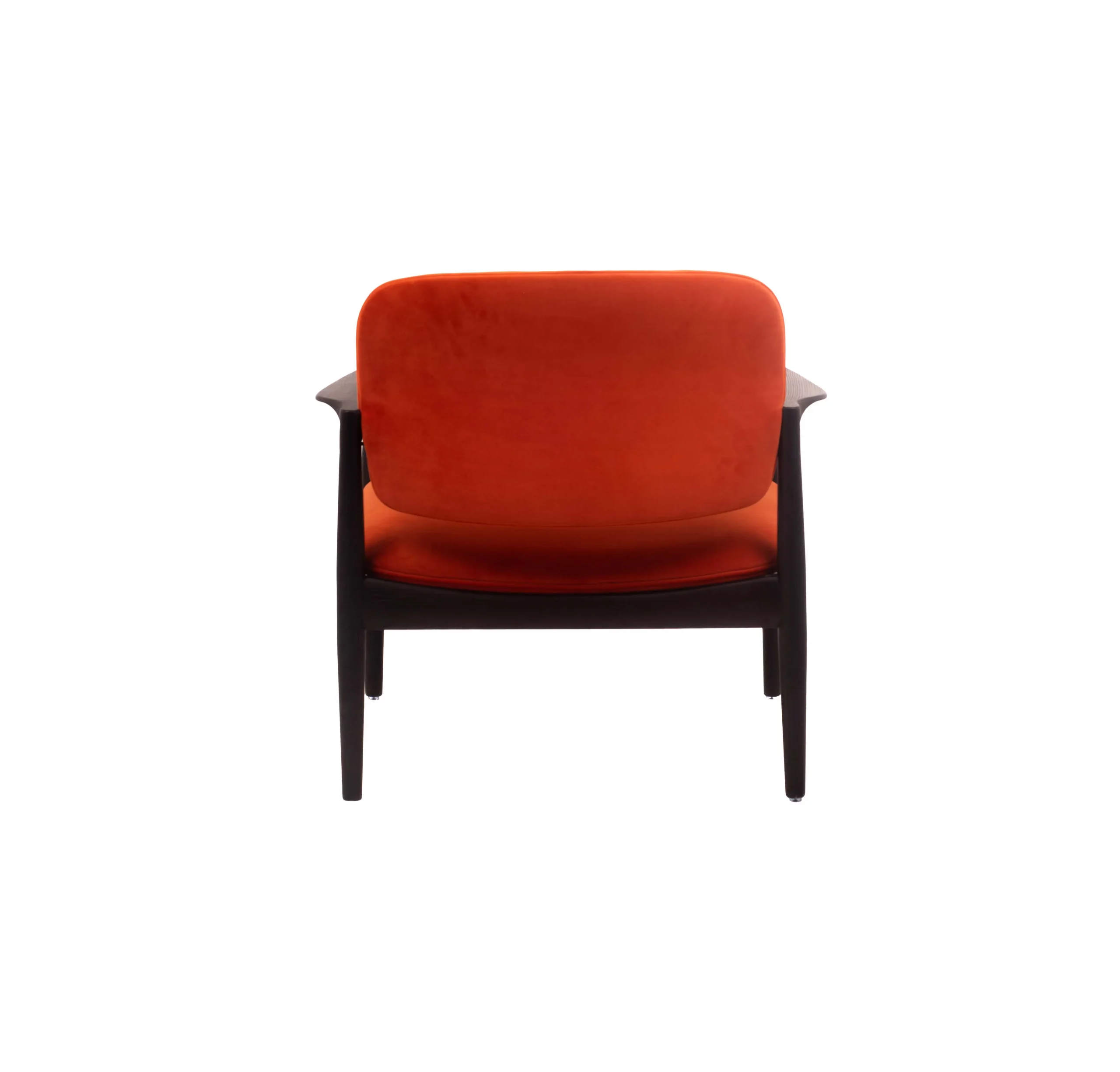 Modern interior with a bold orange and gray abstract painting on a wall. A matching orange chair and a potted plant are nearby, exuding a sleek, vibrant tone.