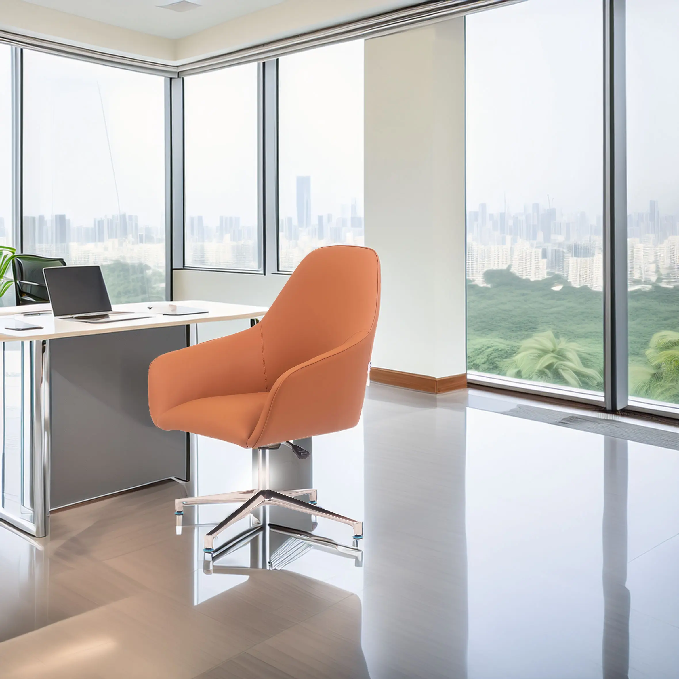 Modern office with a sleek desk, open laptop, and a stylish orange chair on a glossy floor. Large windows reveal a city skyline and greenery.