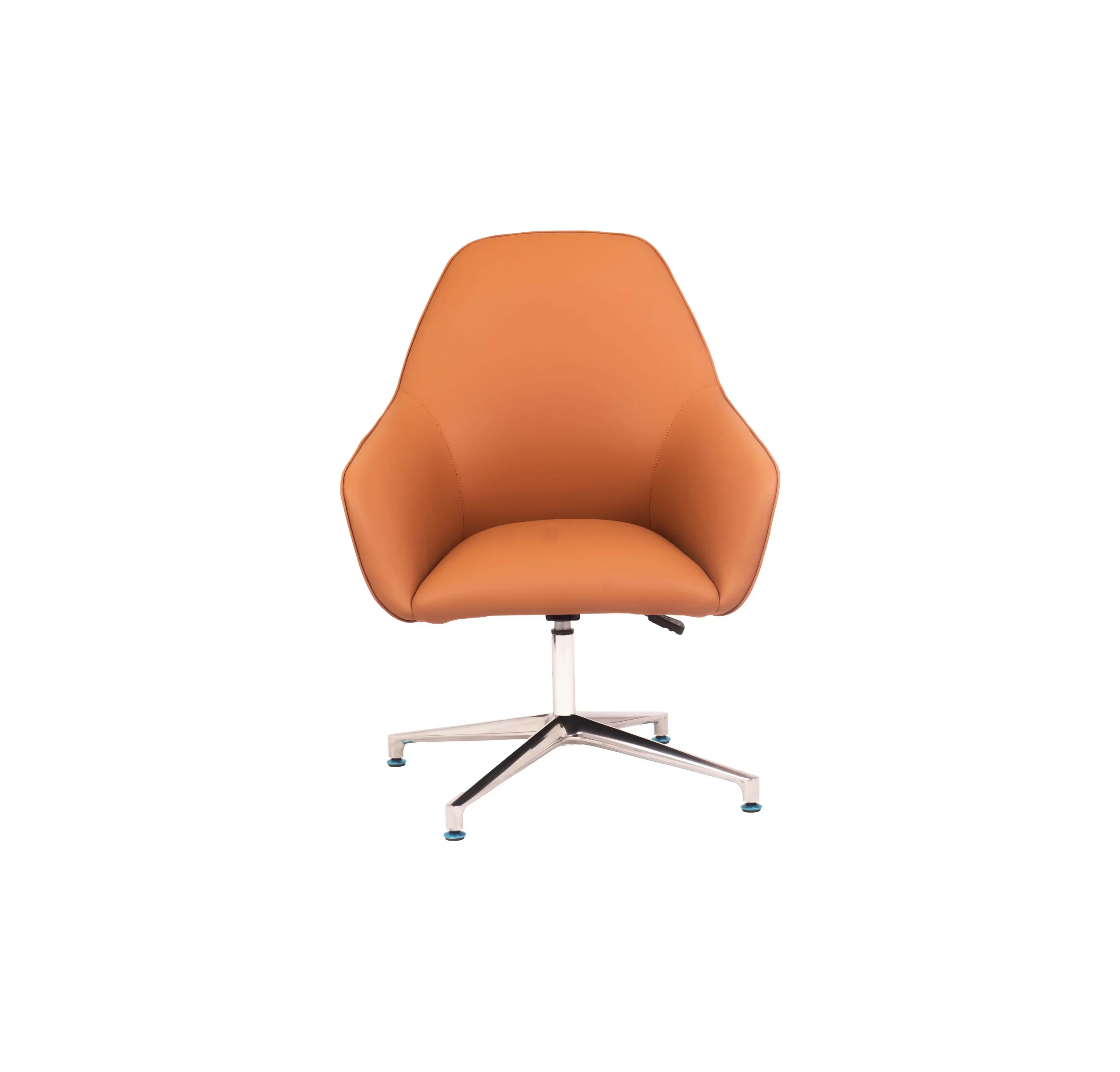 Modern office with a sleek desk, open laptop, and a stylish orange chair on a glossy floor. Large windows reveal a city skyline and greenery.