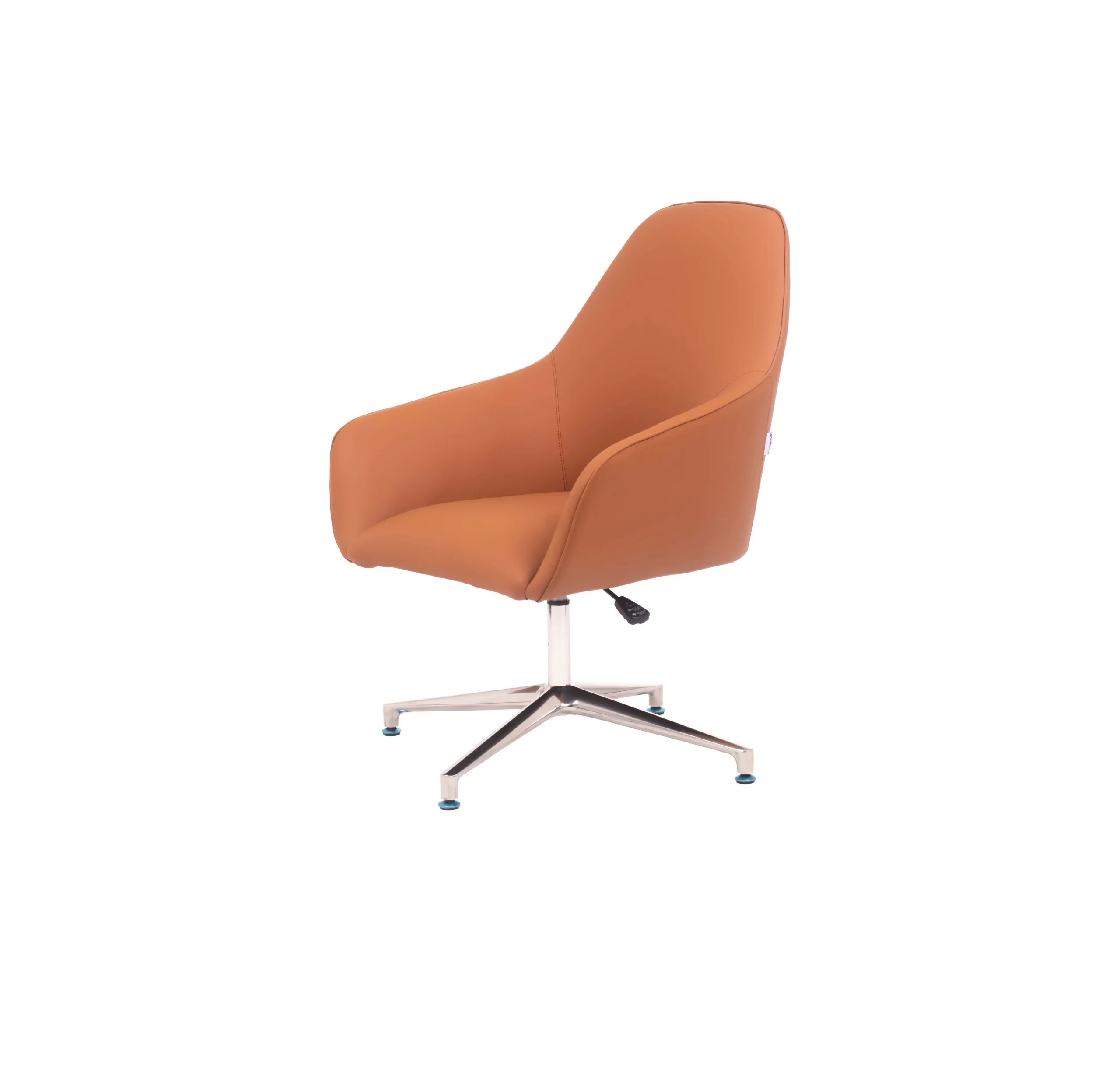 Modern office with a sleek desk, open laptop, and a stylish orange chair on a glossy floor. Large windows reveal a city skyline and greenery.