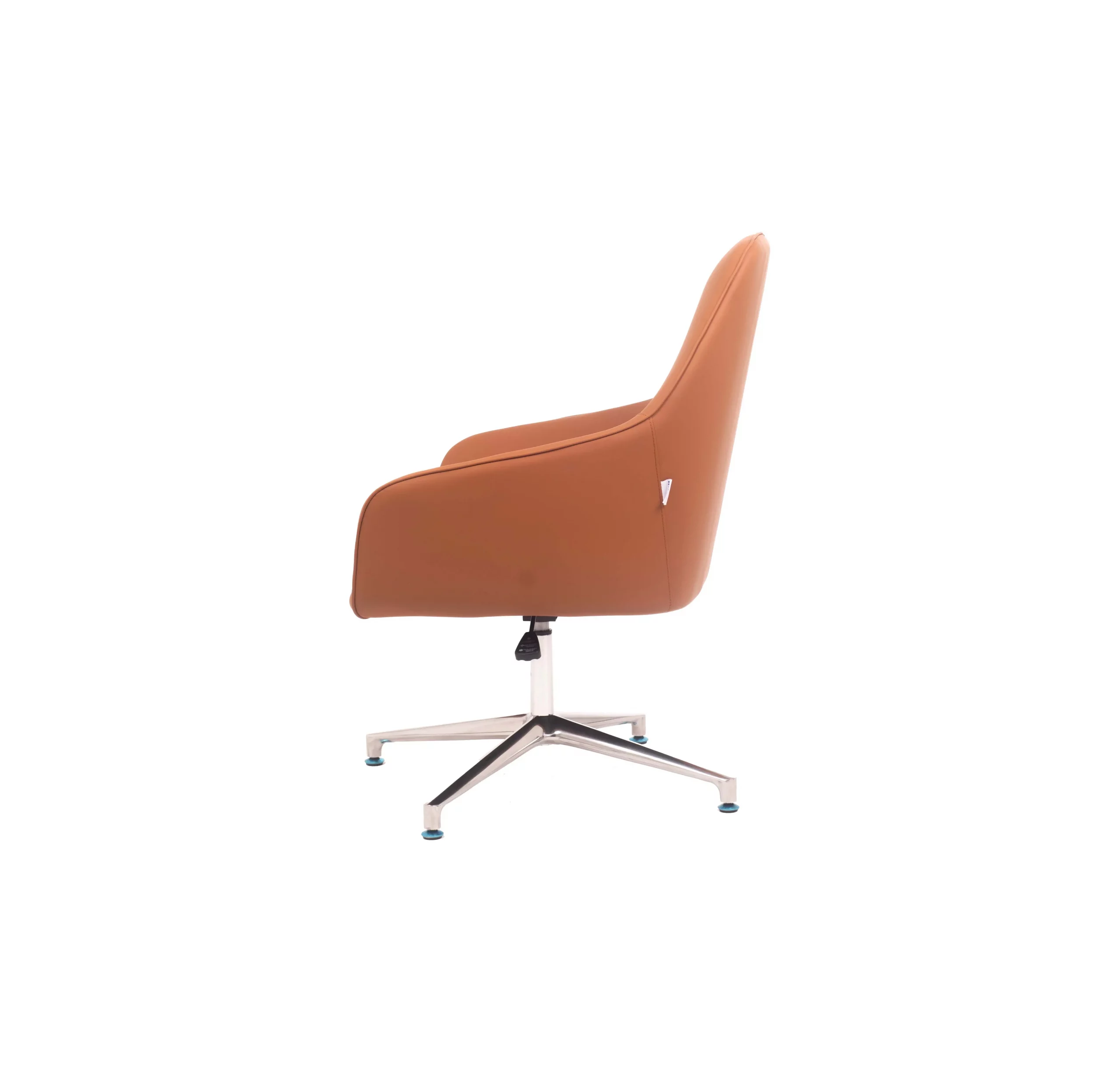 Modern office with a sleek desk, open laptop, and a stylish orange chair on a glossy floor. Large windows reveal a city skyline and greenery.