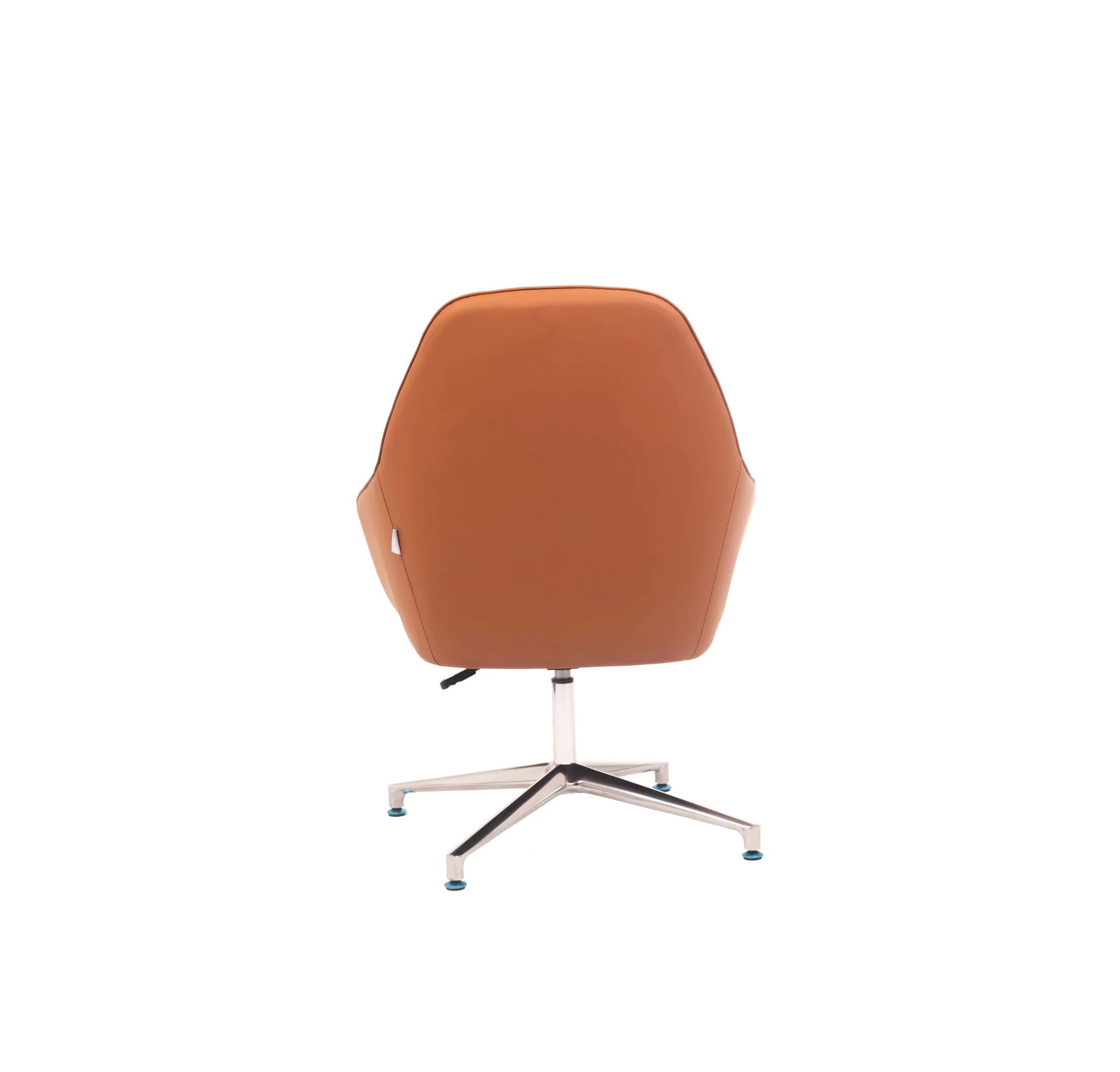 Modern office with a sleek desk, open laptop, and a stylish orange chair on a glossy floor. Large windows reveal a city skyline and greenery.