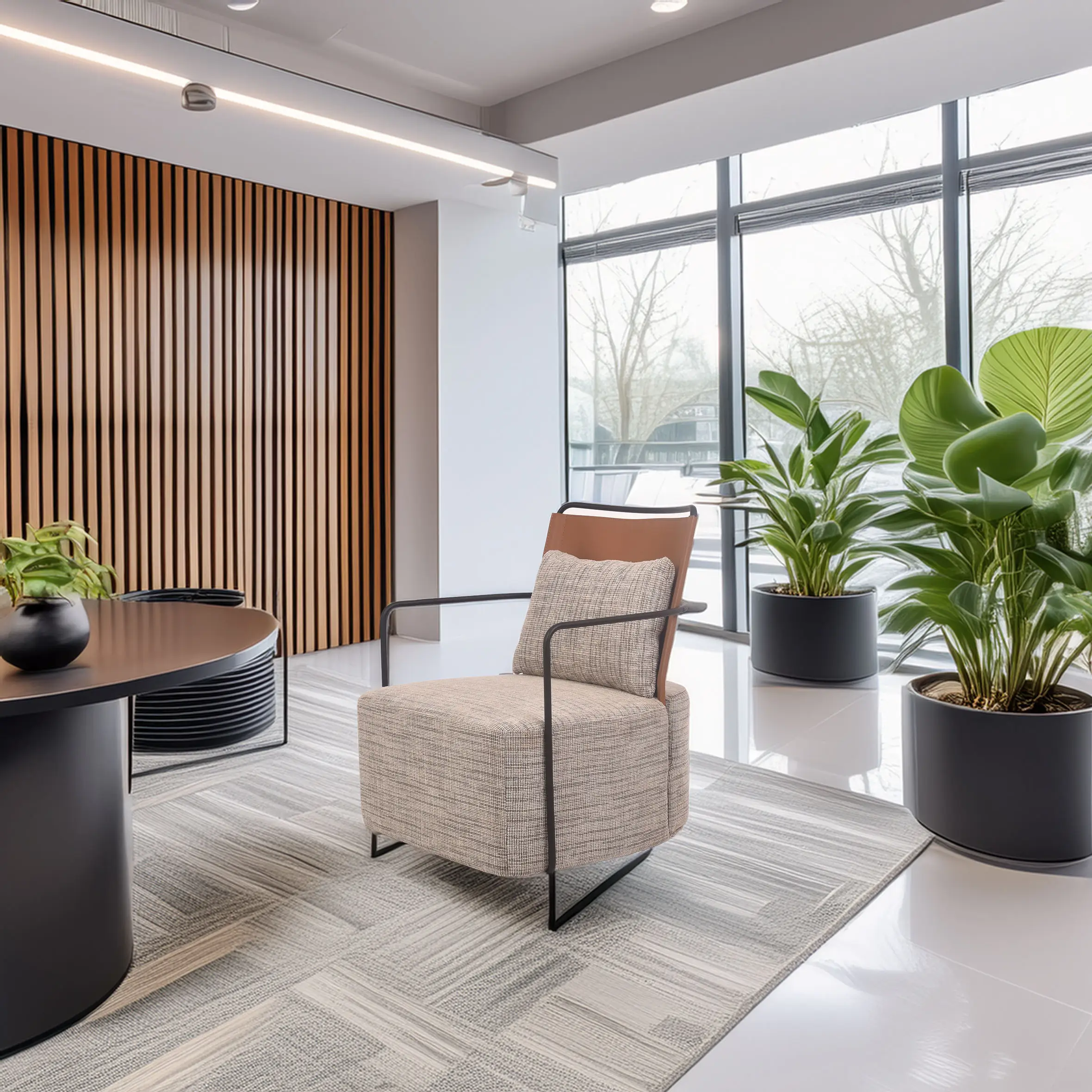 Modern office lounge with a cozy armchair, light patterned carpet, wooden slat wall, large windows, and lush potted plants, creating a tranquil atmosphere.