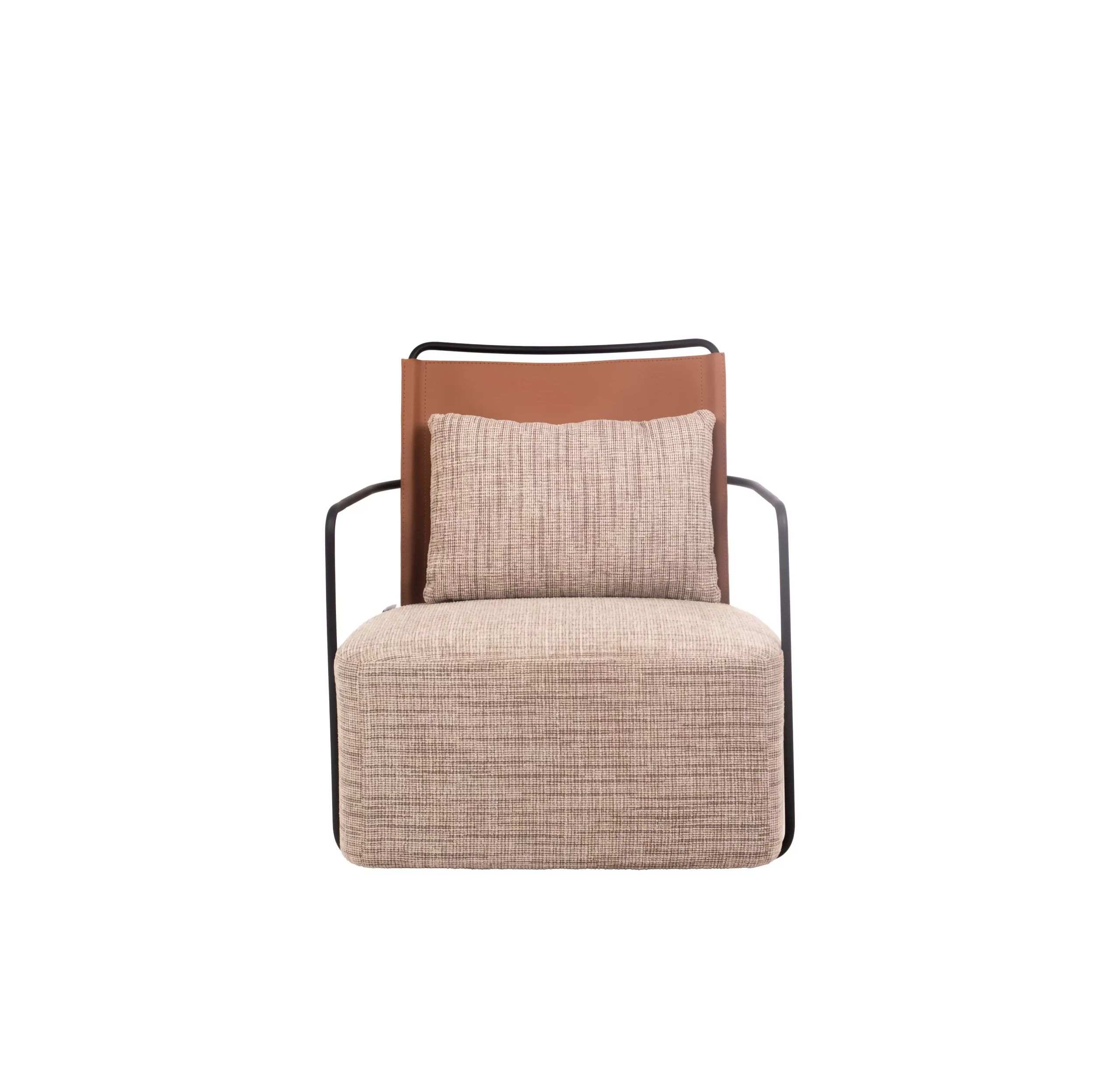 Modern office lounge with a cozy armchair, light patterned carpet, wooden slat wall, large windows, and lush potted plants, creating a tranquil atmosphere.