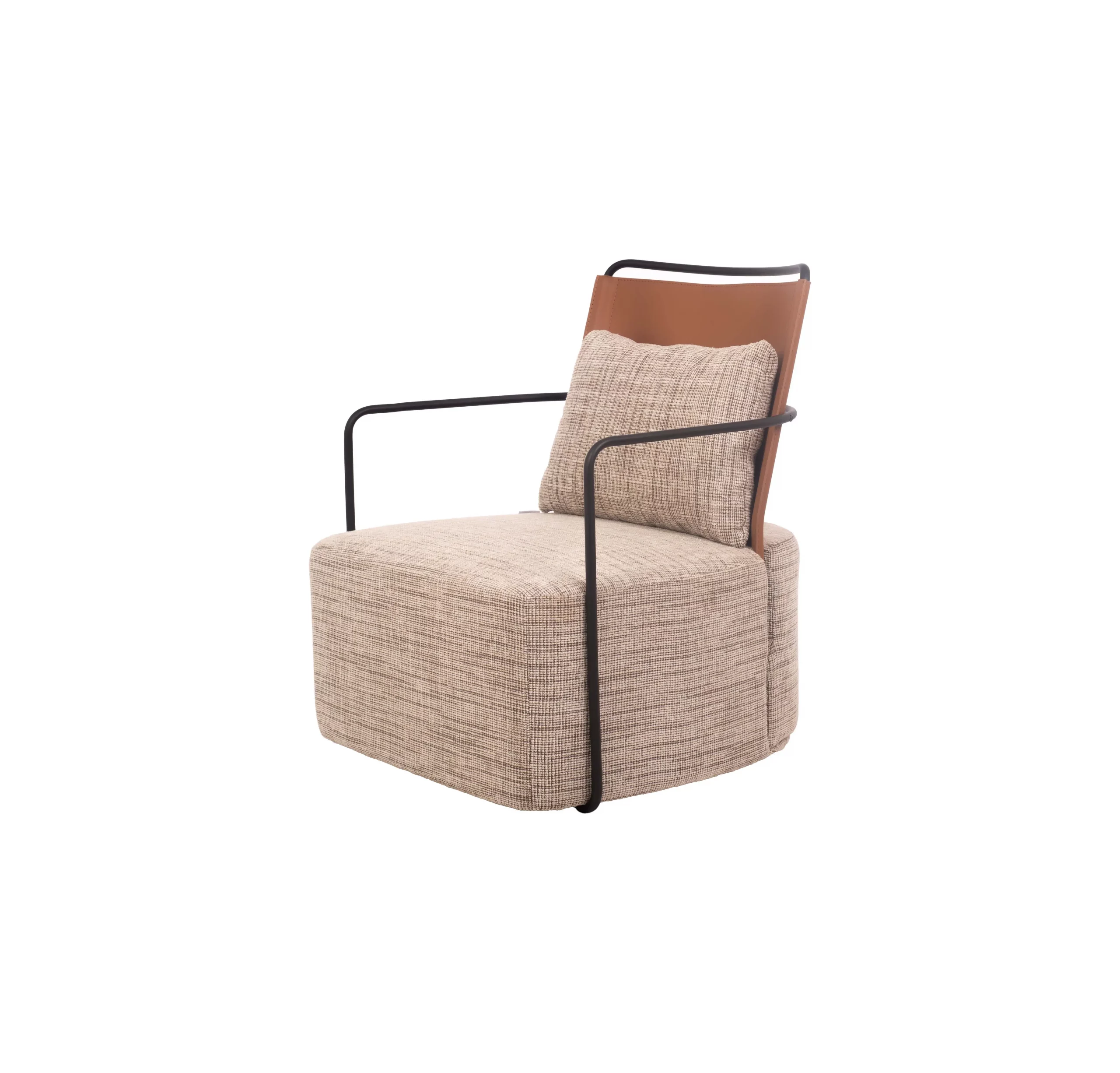 Modern office lounge with a cozy armchair, light patterned carpet, wooden slat wall, large windows, and lush potted plants, creating a tranquil atmosphere.