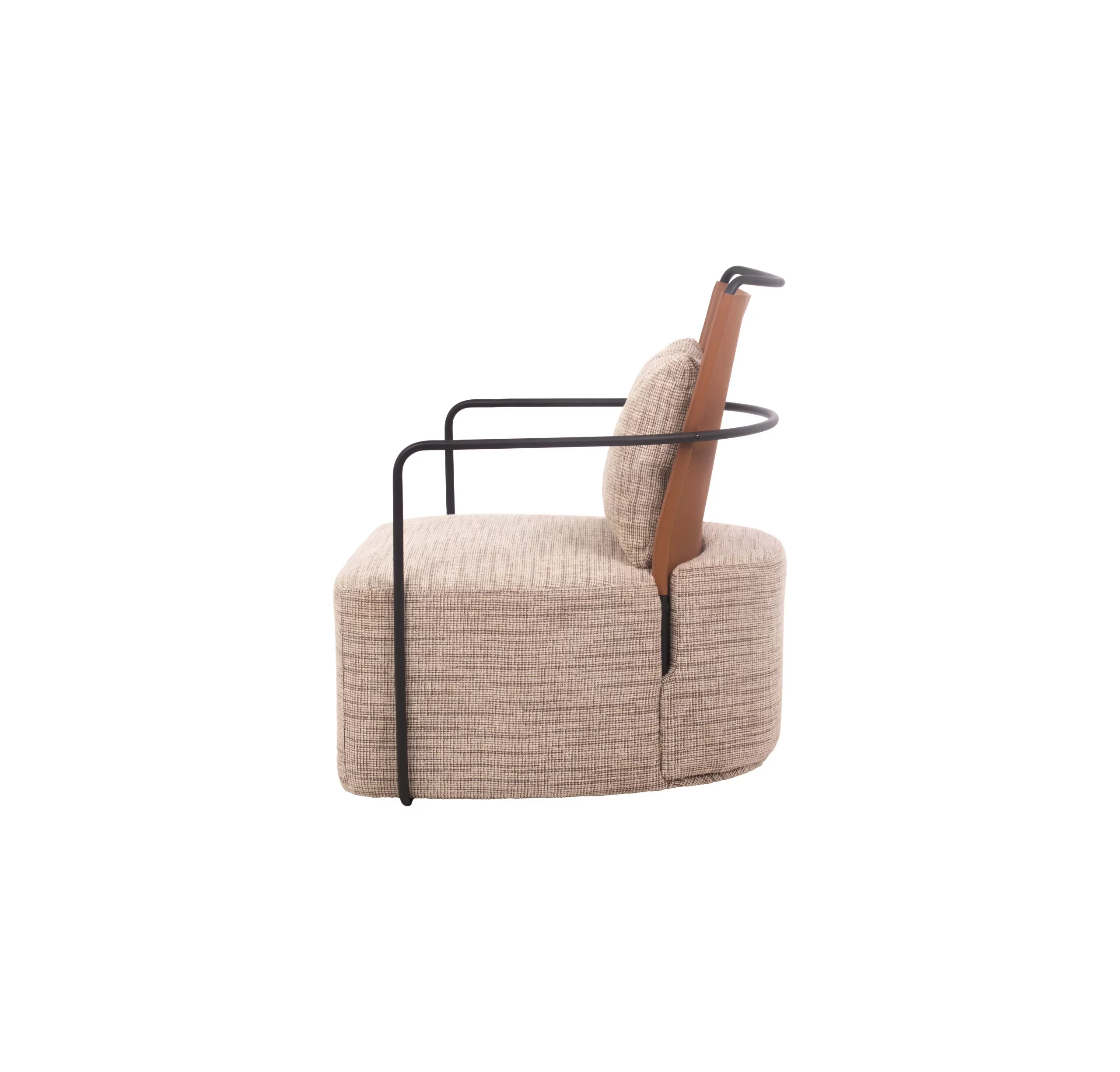 Modern office lounge with a cozy armchair, light patterned carpet, wooden slat wall, large windows, and lush potted plants, creating a tranquil atmosphere.