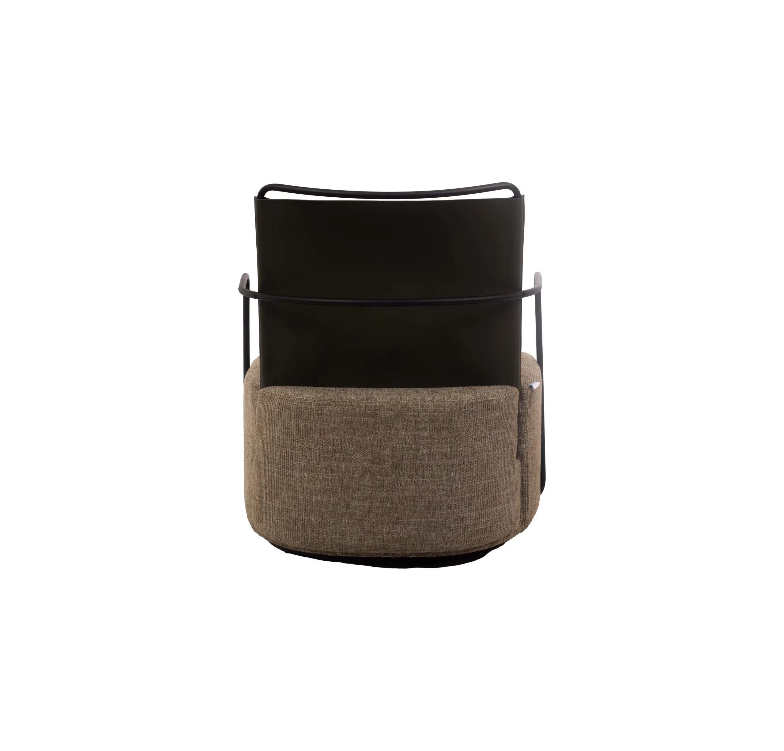 Modern room with large windows, featuring a green chair, a round black metal table with a small plant, and lush green potted plants, creating a fresh ambiance.